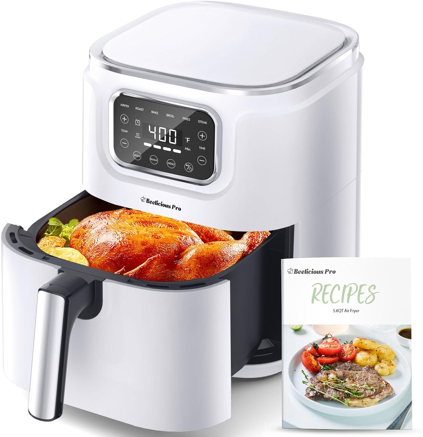 Air Fryer, Beelicious 5.8QT Large Air Fryers, 8-in-1 Digital Airfryer with Shake Reminder, Flavor-Lock Tech, Dishwasher-Safe & Nonstick, Fit for 2-5 People, White