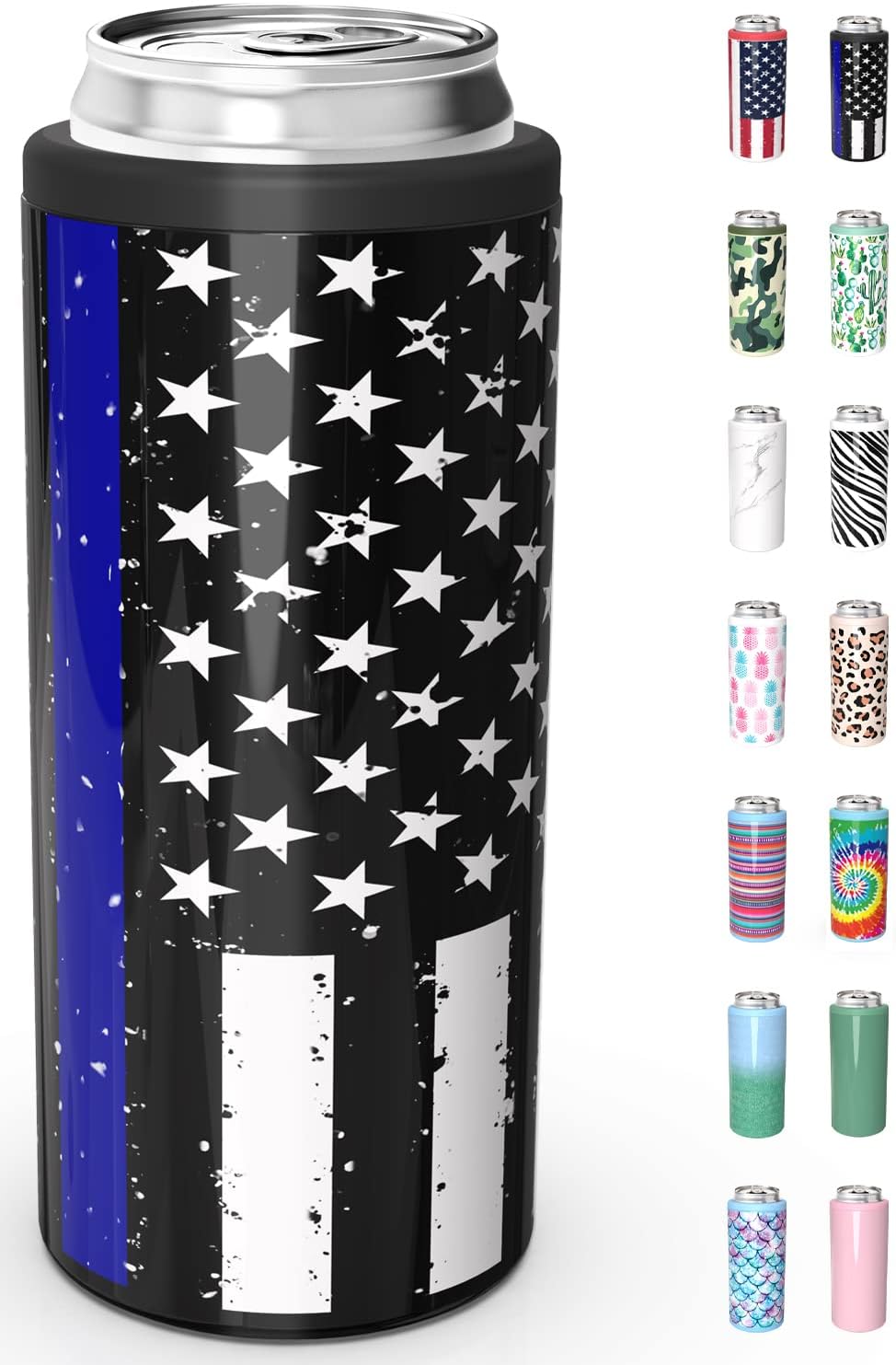 TILUCK Skinny Can Cooler for Slim Beer & Hard Seltzer, Stainless Steel, Doucle-Walled Stainless Steel Insulated Slim Cans, Standard 12 oz (Black U.S. Flag)