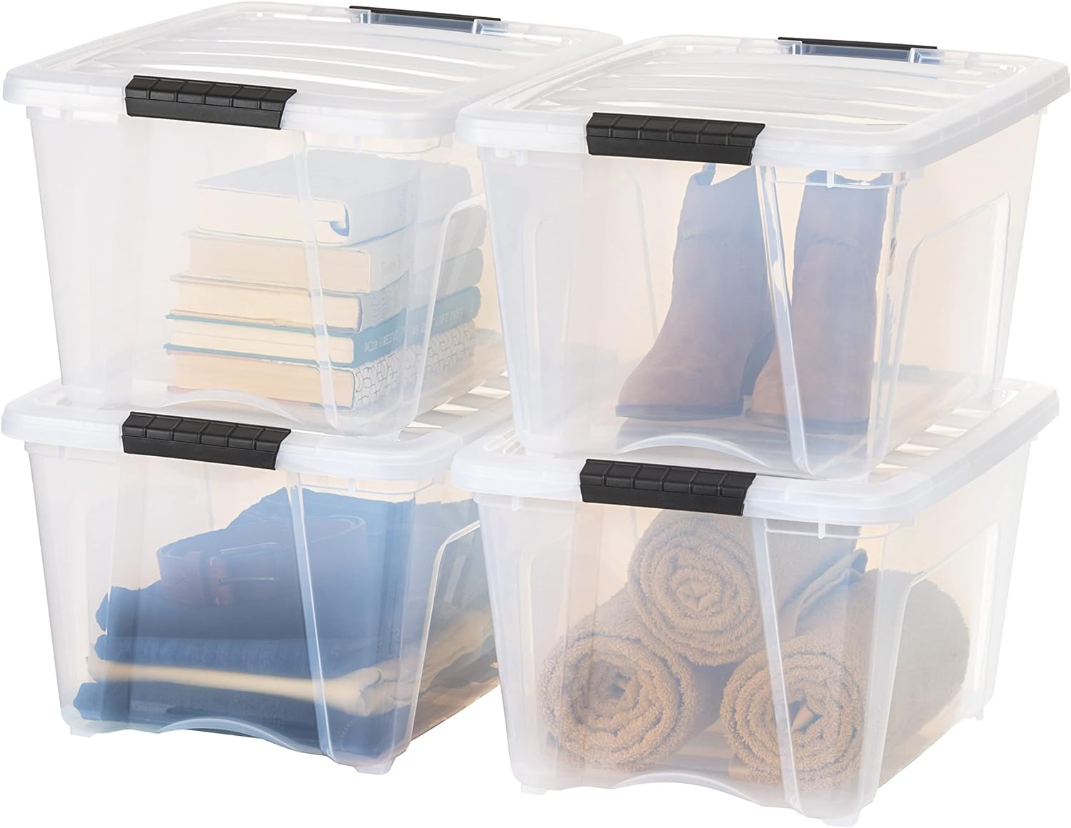 IRIS USA 32 Quart Stackable Plastic Storage Bins with Lids and Latching Buckles, 4 Pack - Clear, Containers with Lids and Latches, Durable Nestable Closet, Garage, Totes, Tubs Boxes Organizing