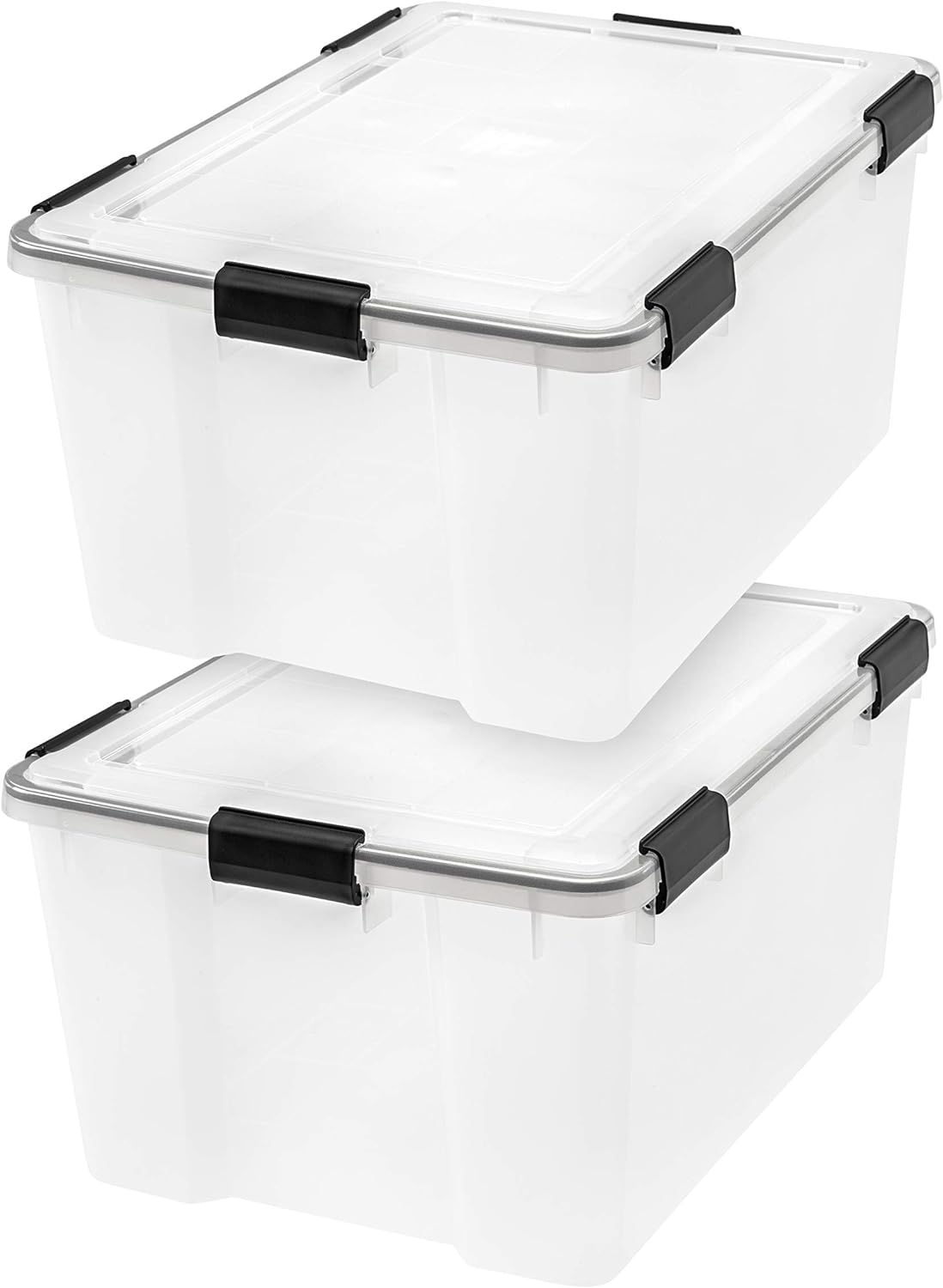 IRIS USA 62.8 Quart WEATHERPRO Plastic Storage Box with Durable Lid and Seal and Secure Latching Buckles, Weathertight, Clear with Black Buckles, 2 Pack