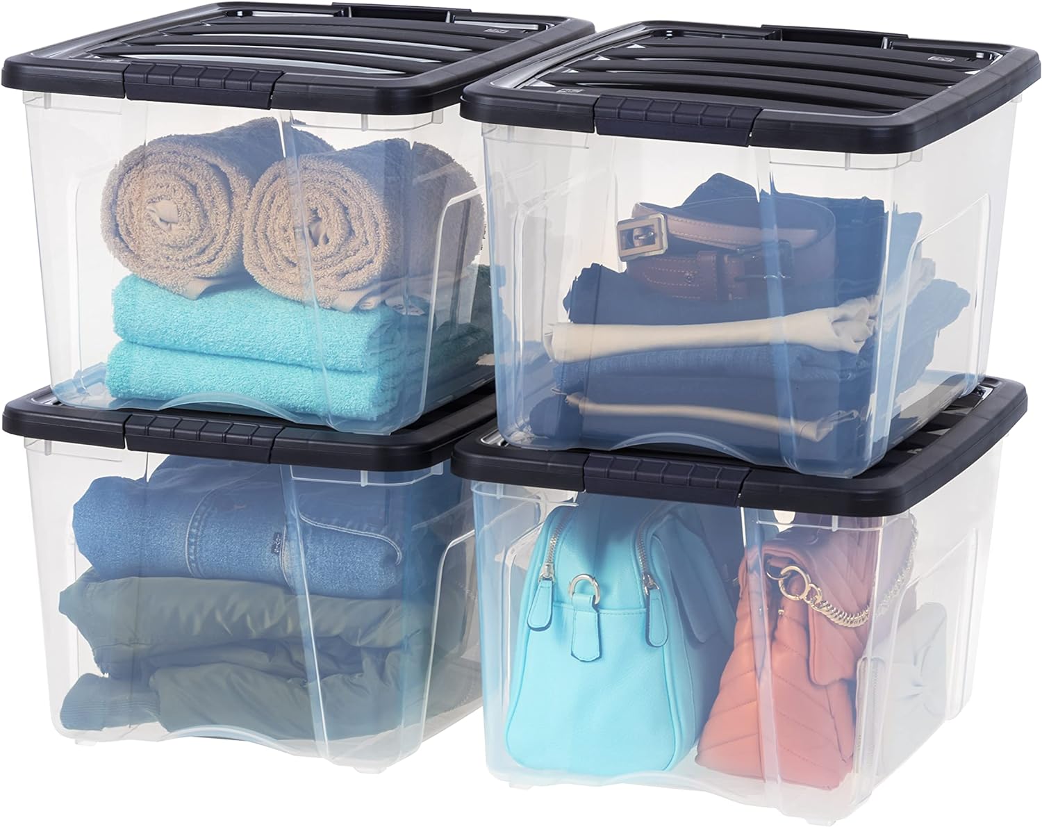 IRIS USA 40 Quart Stackable Plastic Storage Bins with Lids and Latching Buckles, 4 Pack - Clear/Black, Containers with Lids and Latches, Durable Nestable Closet, Garage, Totes, Tubs Boxes Organizing