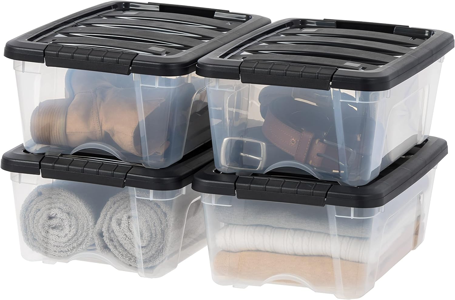 IRIS USA 12 Quart Stackable Plastic Storage Bins with Lids and Latching Buckles, 4 Pack - Clear/Black, Containers with Lids and Latches, Durable Nestable Closet, Garage, Totes, Tubs Boxes Organizing