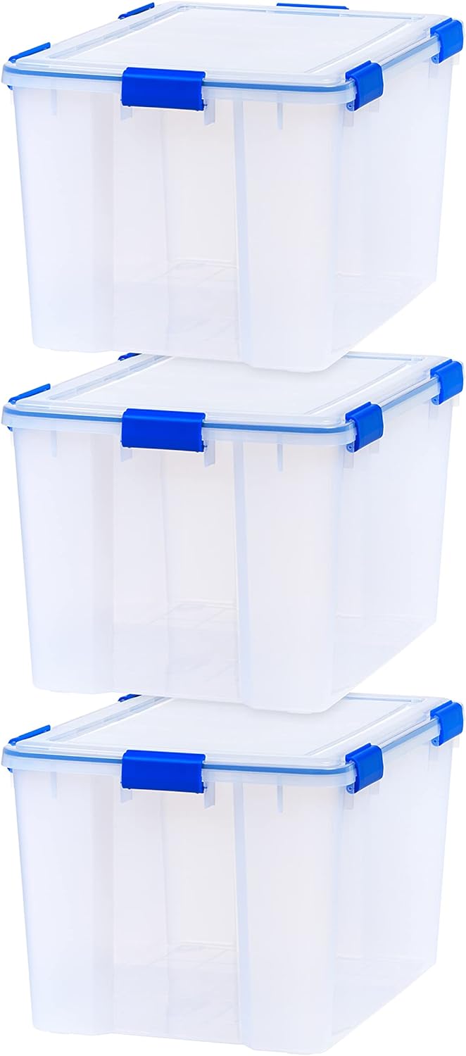 IRIS USA 70 Quart WEATHERPRO Plastic Storage Box with Durable Lid and Seal and Secure Latching Buckles, 3 Pack, Weathertight, Keep Dust and Moisture Out, for Oversized and Bulky Items, Clear/Blue