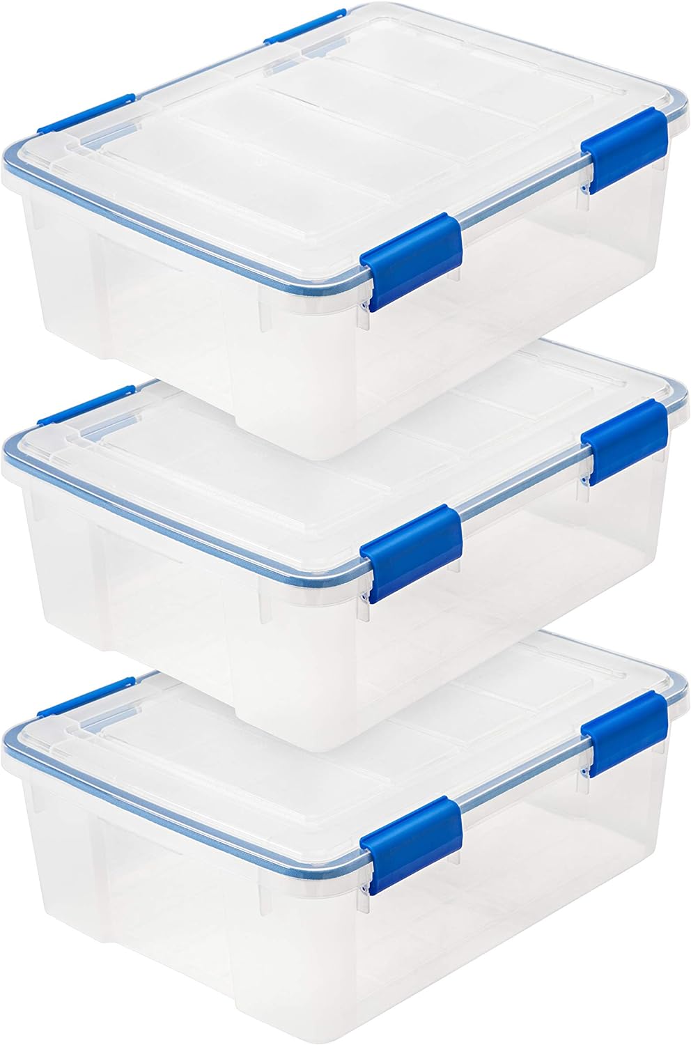 IRIS USA 26.5 Quart WEATHERPRO Plastic Storage Box with Durable Lid and Seal and Secure Latching Buckles, 3 Pack, Weathertight, Keep Dust and Moisture Out, for Oversized Bulky Items, Clear/Blue