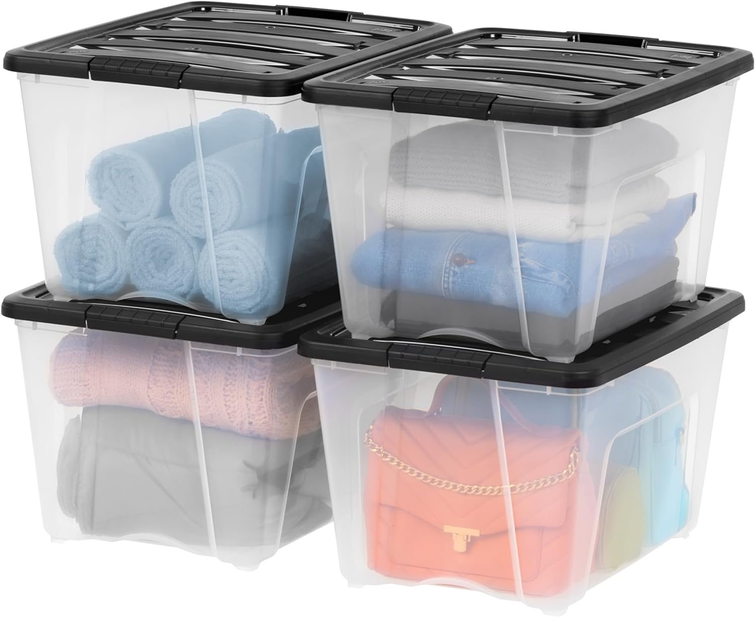 IRIS USA 53 Quart Stackable Plastic Storage Bins with Lids and Latching Buckles, 4 Pack - Clear/Black, Containers with Lids and Latches, Durable Nestable Closet, Garage, Totes, Tubs Boxes Organizing