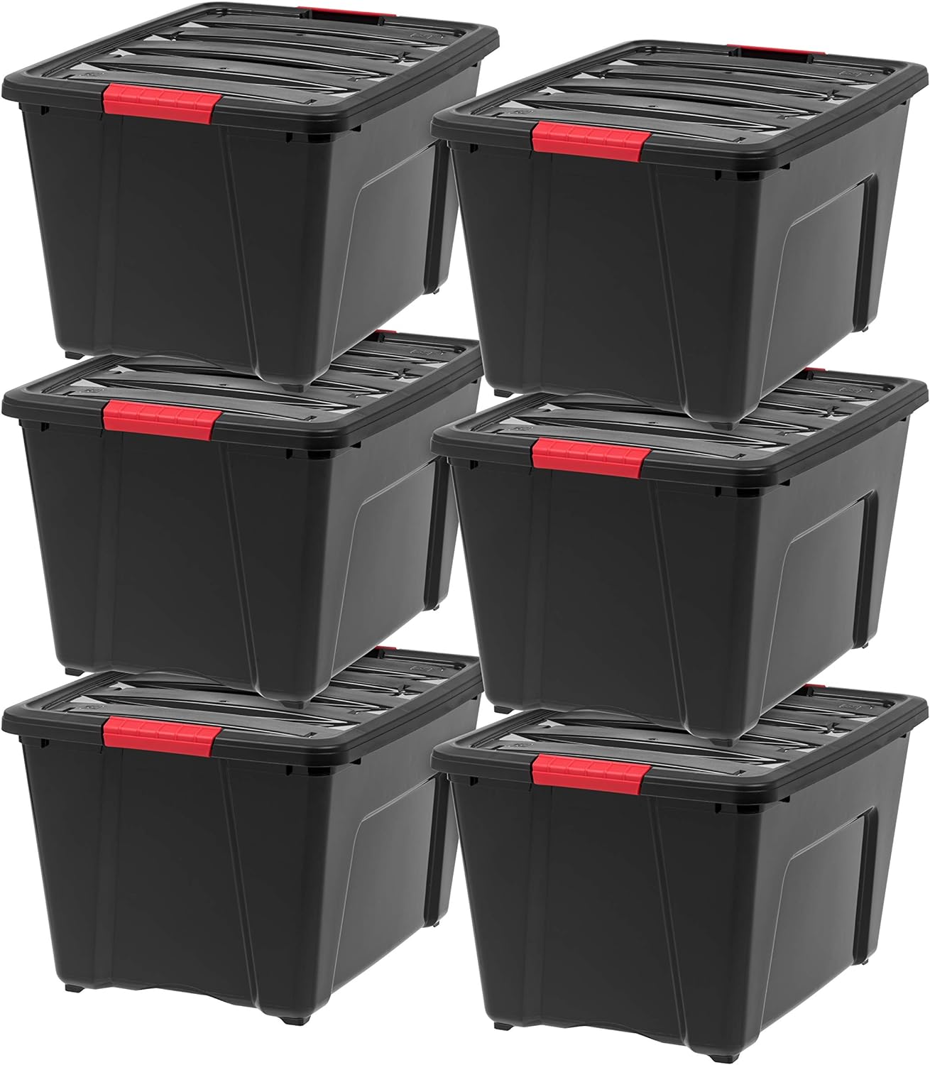 IRIS USA 53 Quart Stackable Plastic Storage Bins with Lids and Latching Buckles, 6 Pack - Black, Containers with Lids and Latches, Durable Nestable Closet, Garage, Totes, Tubs Boxes Organizing