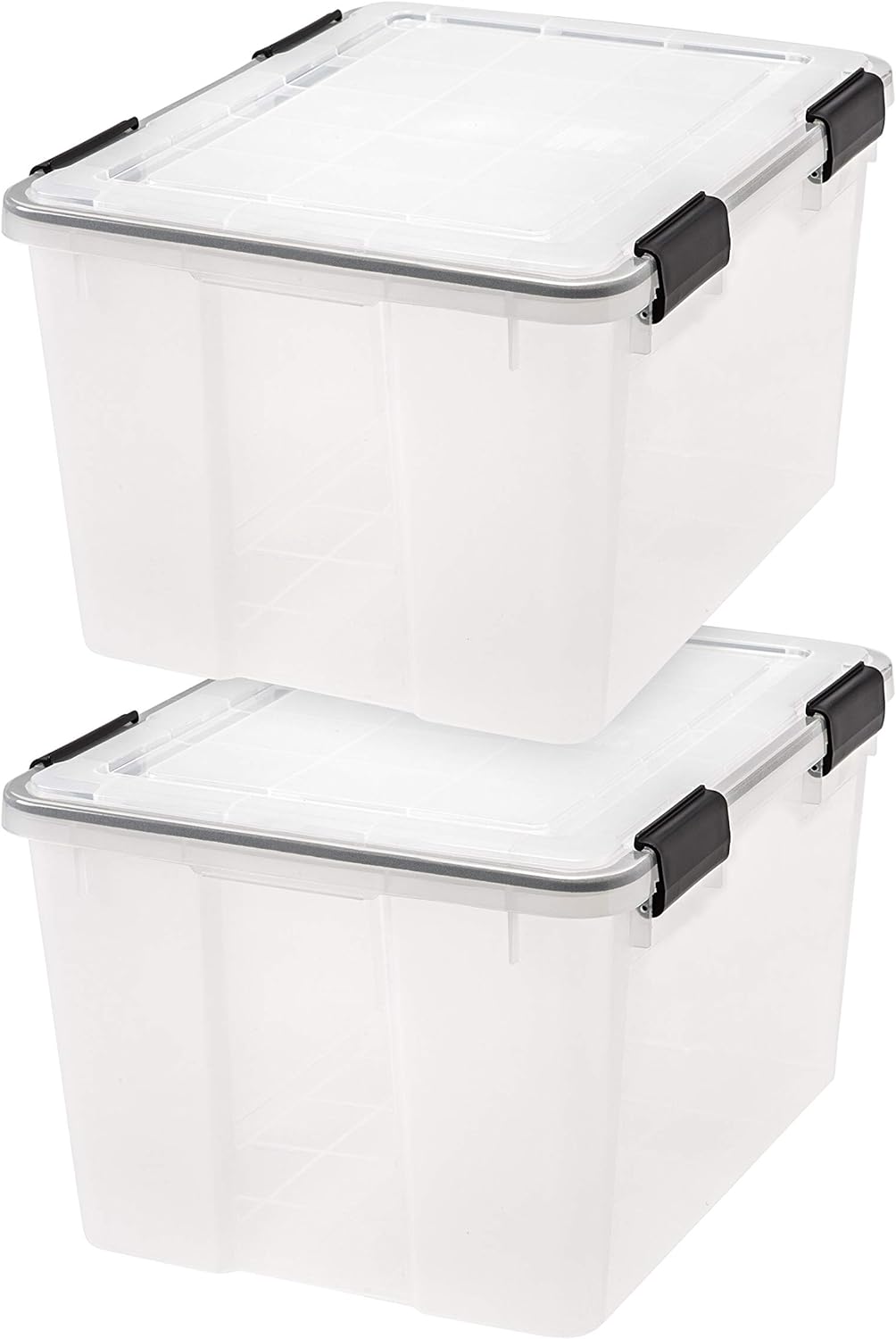 IRIS USA 46.6 Quart WEATHERPRO Plastic Storage Box with Durable Lid and Seal and Secure Latching Buckles, Weathertight, Clear with Black Buckles, 2 Pack