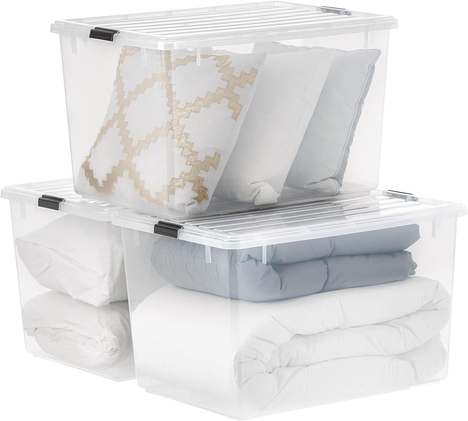 IRIS USA 132 Quart/36 Gal. Stackable Plastic Storage Bins with Lids and Latching Buckles, 3 Pack - Clear, Containers with Lids, Durable Nestable Closet, Garage, Totes, Tubs Boxes Organizing