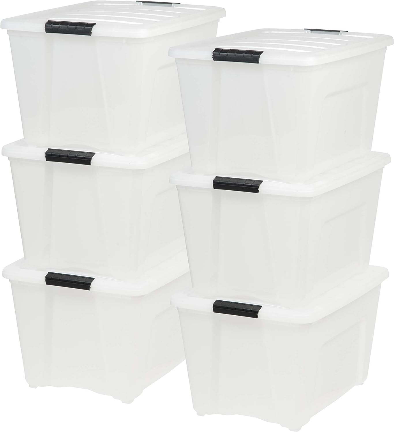 IRIS USA 53 Quart Stackable Plastic Storage Bins with Lids and Latching Buckles, 6 Pack - Pearl, Containers with Lids and Latches, Durable Nestable Closet, Garage, Totes, Tubs Boxes Organizing