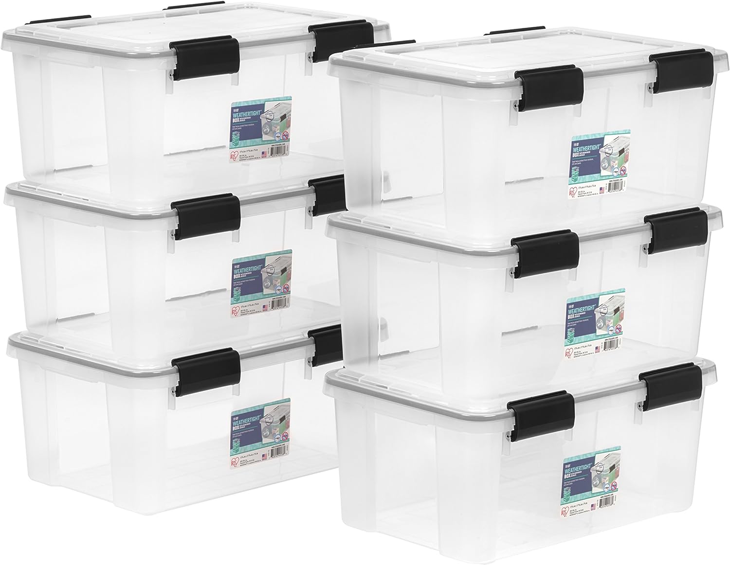 IRIS USA 19 Quart WEATHERPRO Plastic Storage Box with Durable Lid and Seal and Secure Latching Buckles, 6 Pack, Weathertight, Keep Dust and Moisture Out, Clear/Black