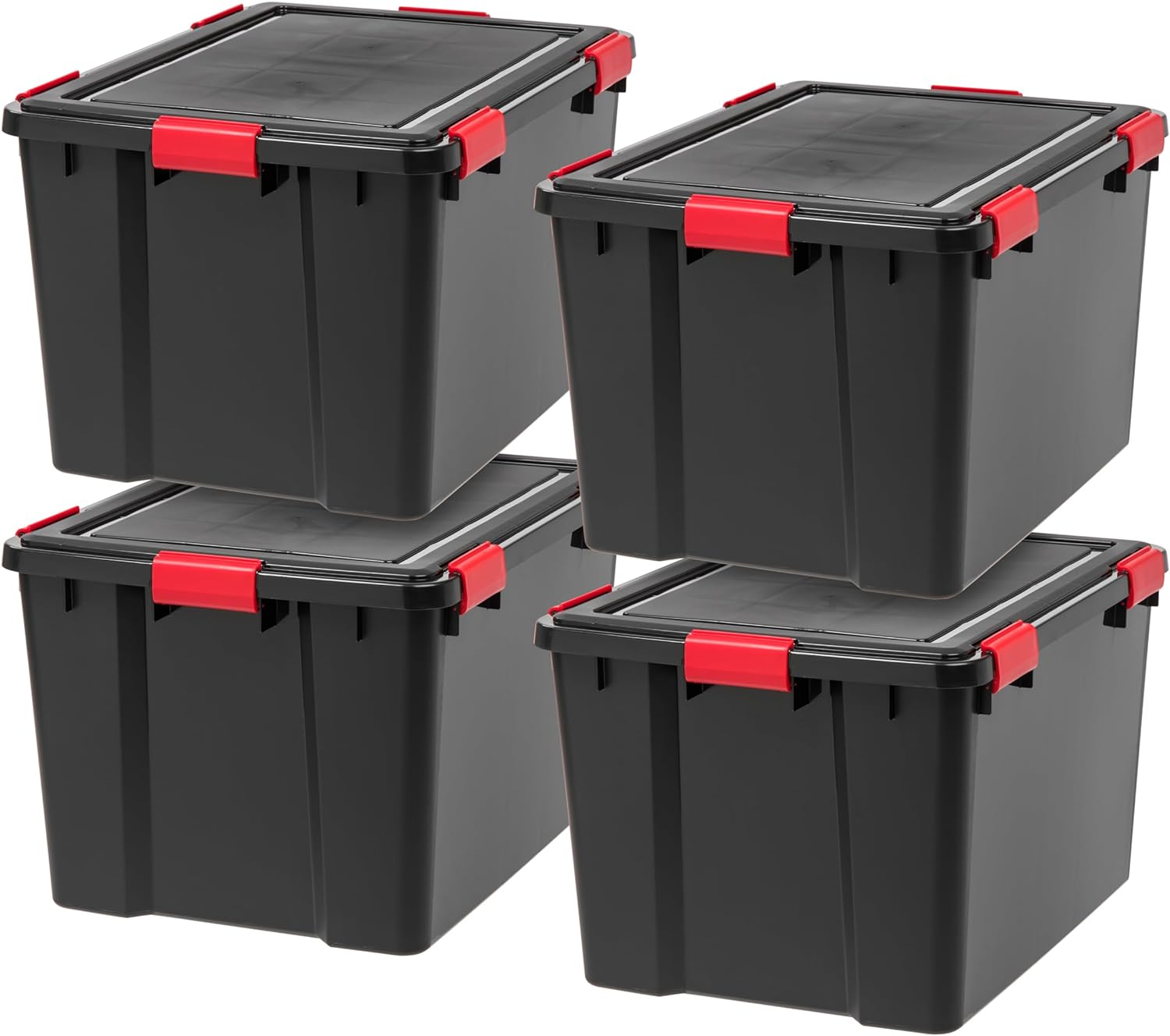 IRIS USA 74 Quart WEATHERPRO Plastic Storage Box with Durable Lid and Seal and Secure Latching Buckles, Weathertight, Black with Red Buckles, 4 Pack