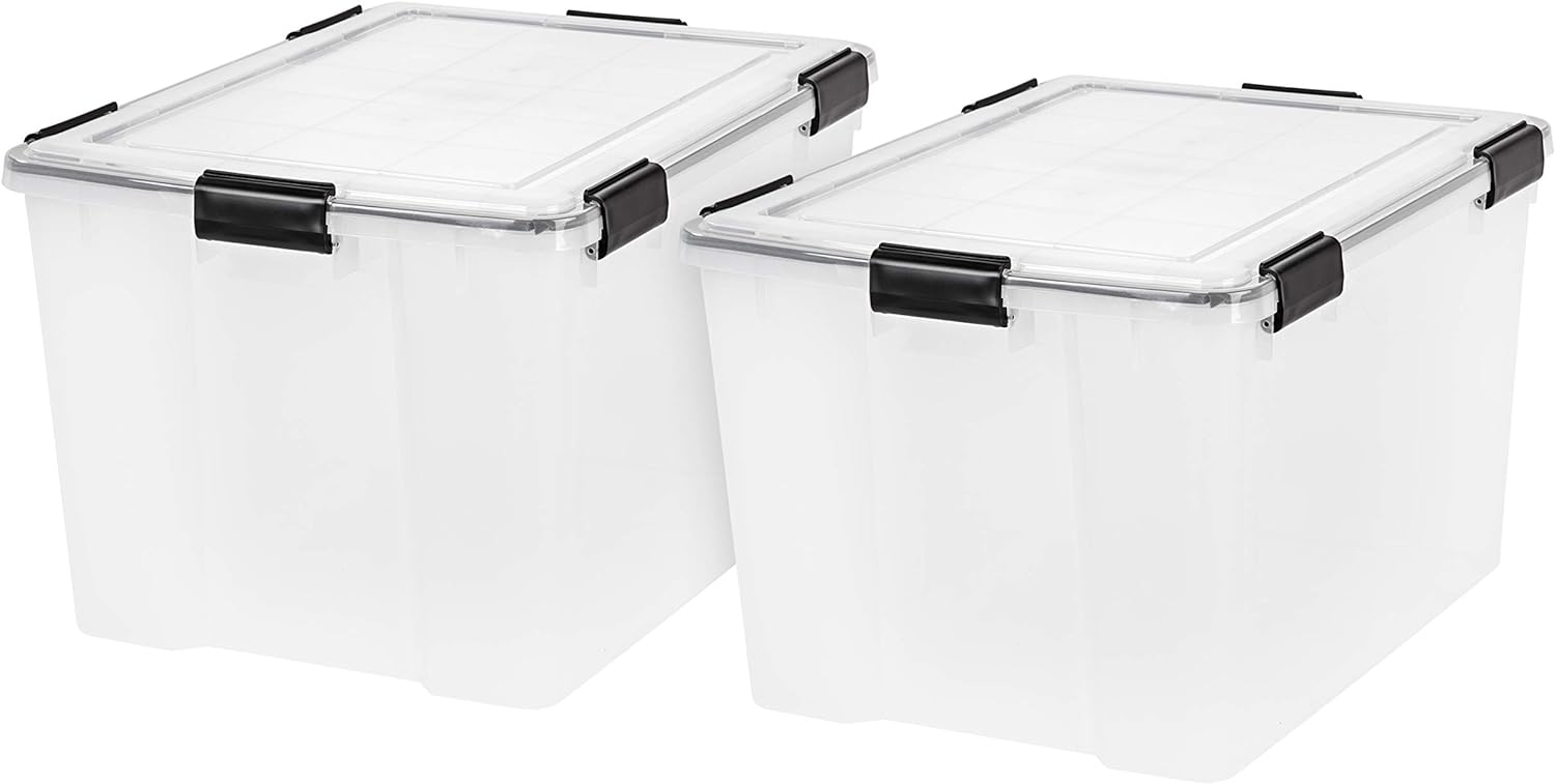 IRIS USA 74 Quart WEATHERPRO Plastic Storage Box with Durable Lid and Seal and Secure Latching Buckles, Weathertight, Clear with Black Buckles, 2 Pack, 585449