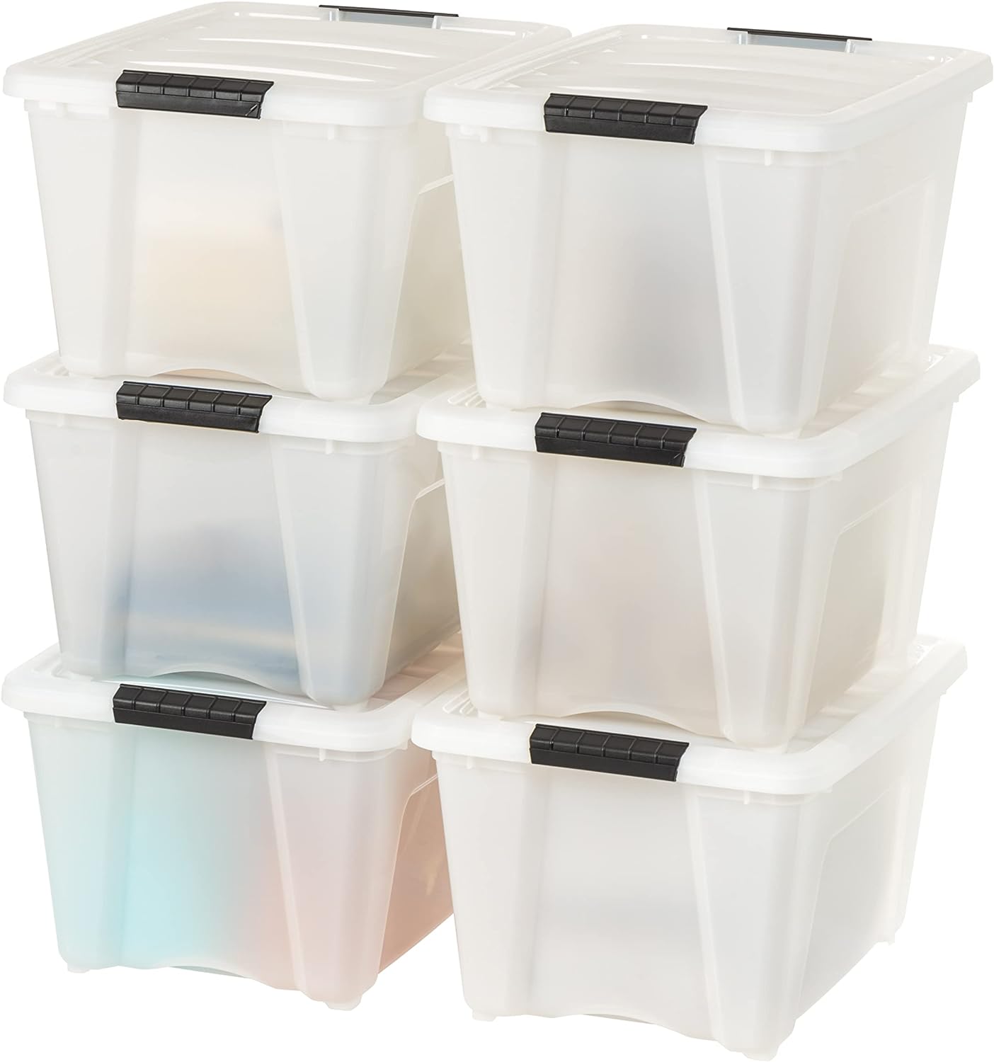 IRIS USA 32 Quart Stackable Plastic Storage Bins with Lids and Latching Buckles, 6 Pack - Pearl, Containers with Lids and Latches, Durable Nestable Closet, Garage, Totes, Tubs Boxes Organizing