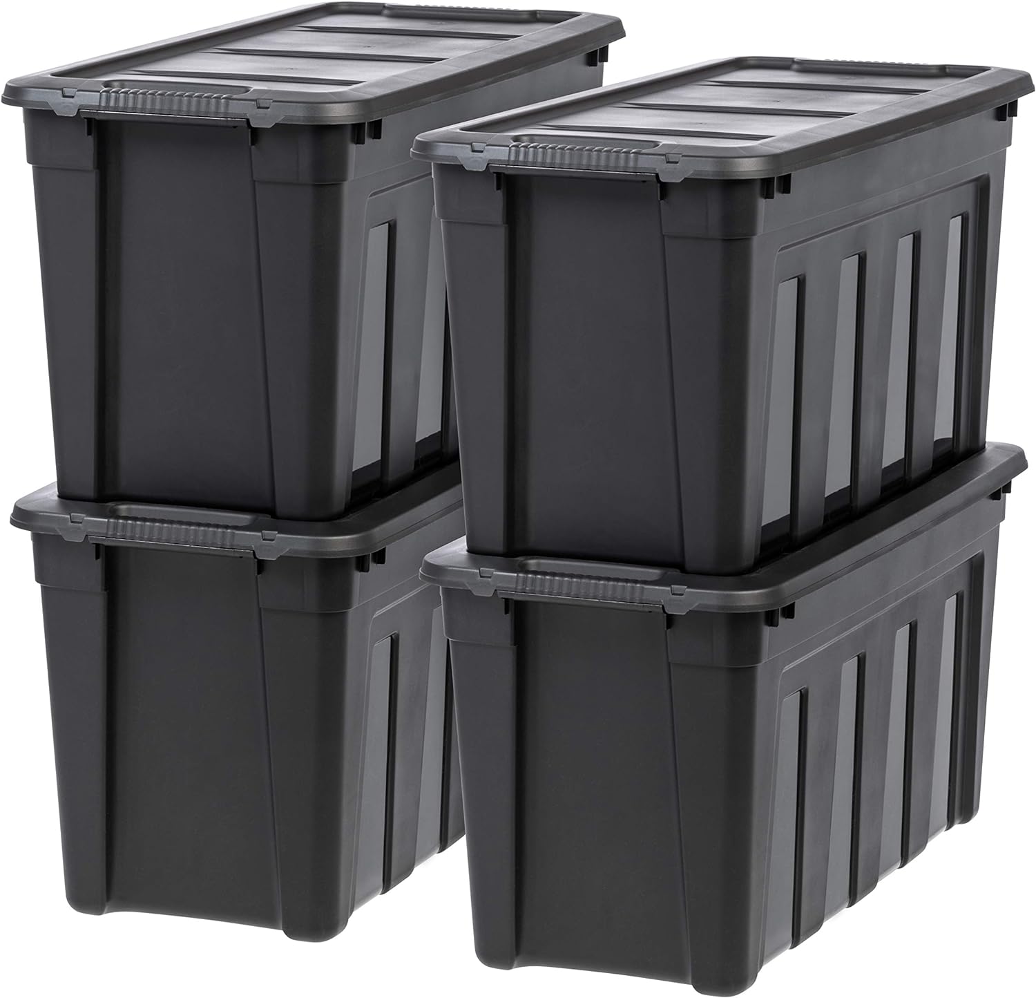 IRIS USA 31 Gallon Utility Totes with Easy-Grip Handles, 4 Pack - Black, Heavy-Duty Durable Stackable Storage Containers, Large Garage Organizing Bins Moving Tubs, Rugged Sturdy Camping Equipment