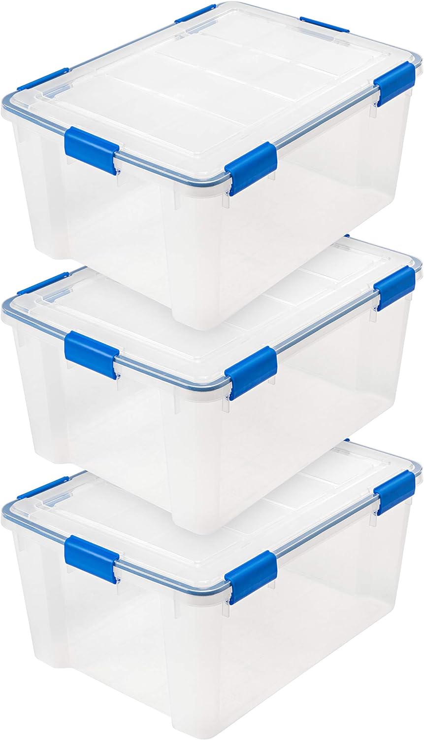 IRIS USA 60 Quart WEATHERPRO Plastic Storage Box with Durable Lid and Seal and Secure Latching Buckles, 3 Pack, Weathertight, Keep Dust and Moisture Out, for Oversized and Bulky Items, Clear/Blue