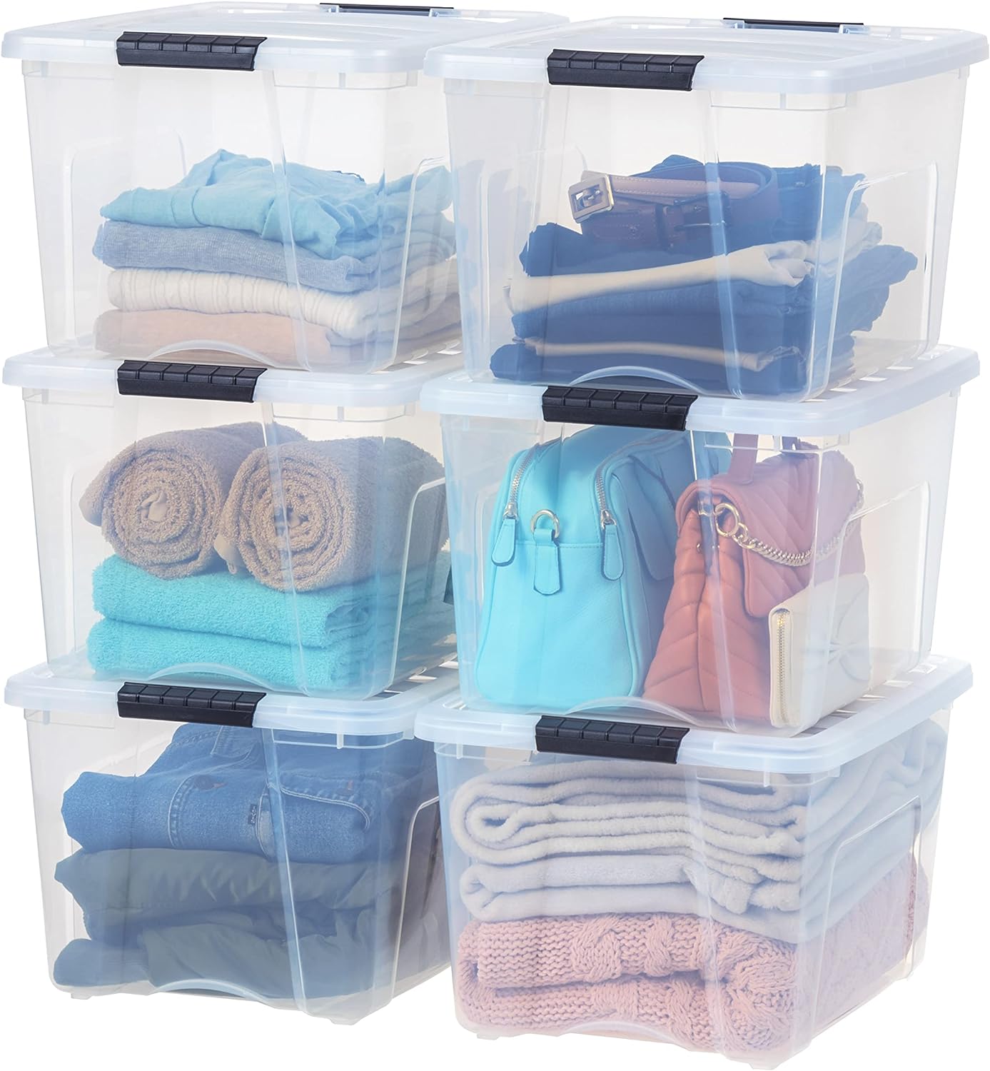 IRIS USA 40 Quart Stackable Plastic Storage Bins with Lids and Latching Buckles, 6 Pack - Clear, Containers with Lids and Latches, Durable Nestable Closet, Garage, Totes, Tubs Boxes Organizing