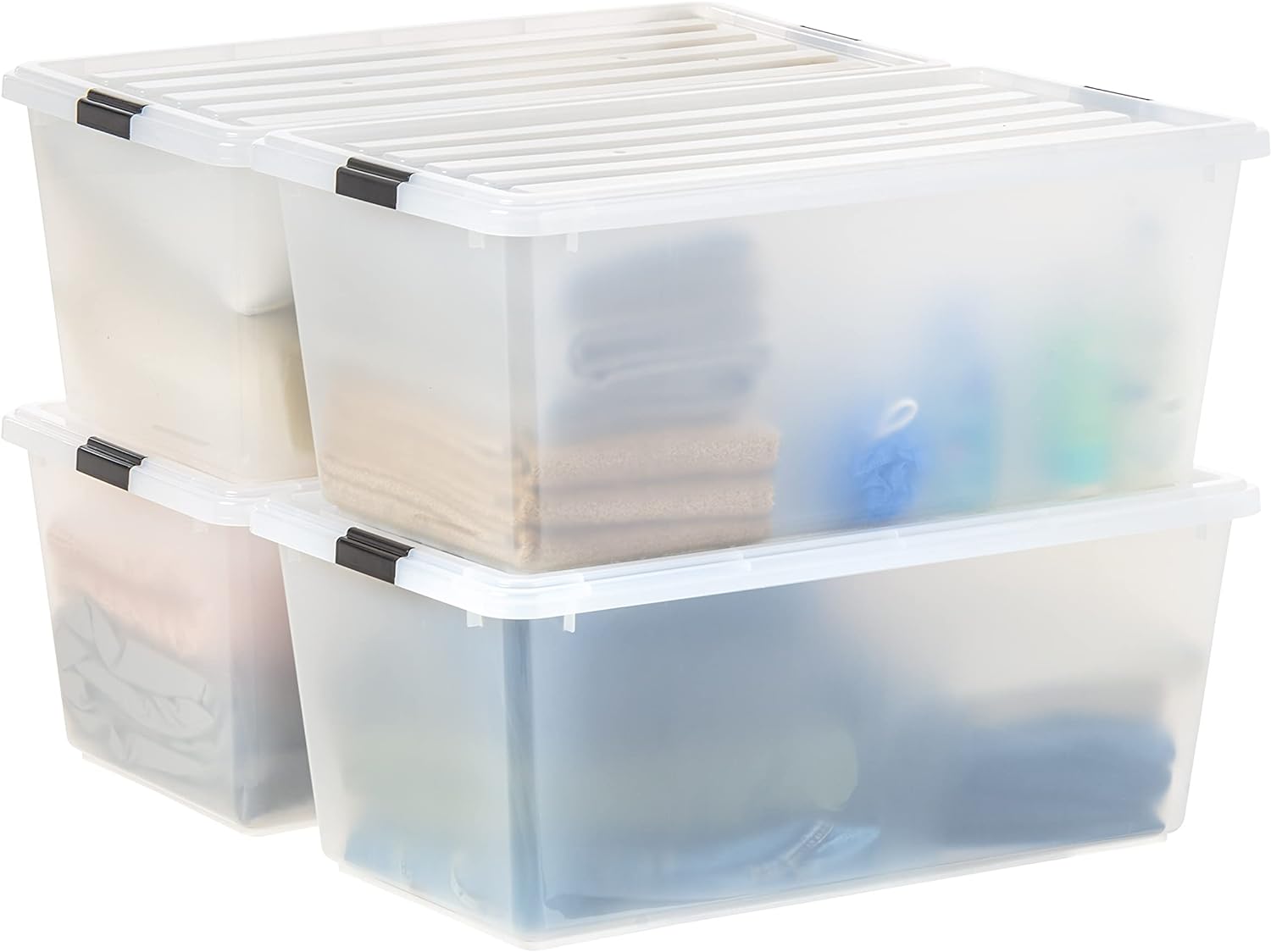 IRIS USA 91 Quart/22.75 Gal. Stackable Plastic Storage Bins with Lids and Latching Buckles, 4 Pack - Clear, Containers with Lids, Durable Nestable Closet, Garage, Totes, Tubs Boxes Organizing