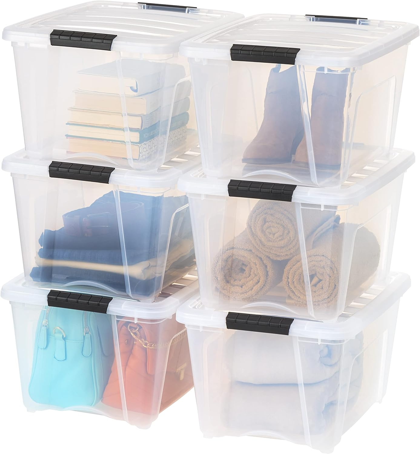 IRIS USA 32 Quart Stackable Plastic Storage Bins with Lids and Latching Buckles, 6 Pack - Clear, Containers with Lids and Latches, Durable Nestable Closet, Garage, Totes, Tubs Boxes Organizing