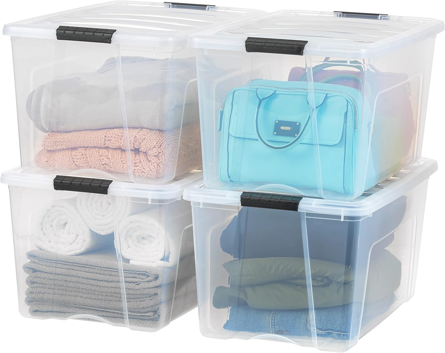 IRIS USA 72 Quart Stackable Plastic Storage Bins with Lids and Latching Buckles, 4 Pack - Clear, Containers with Lids and Latches, Durable Nestable Closet, Garage, Totes, Tubs Boxes Organizing