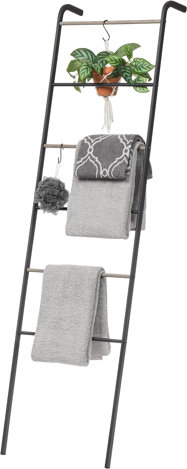 IRIS USA Clothing Rack, Blanket or Garment Ladder, Easy to Assemble, Standing Metal Sturdy Garment Rack, Small Space Storage Solution, Modern Versatile Design, Long-Term Durability, Ladder, Black