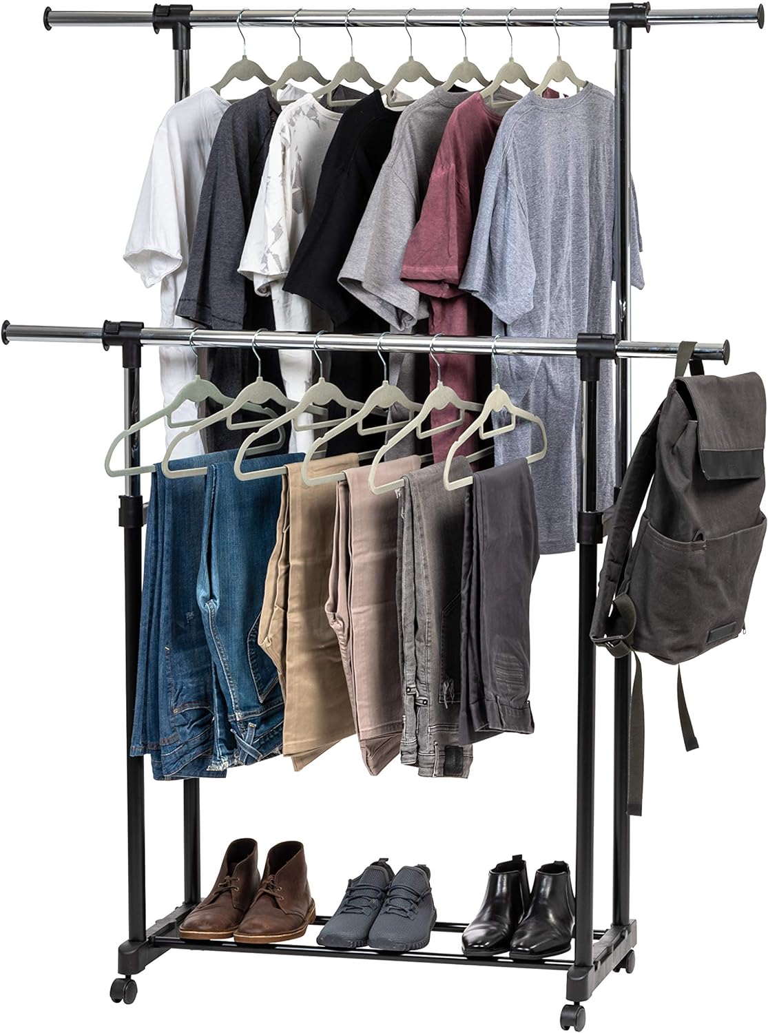 IRIS USA Portable Double-Rod Height Adjustable Clothes Rack with Extendable Bar and Lockable Wheels, Rolling Garment, Double Rod Wardrobe Rack, Easy Assemble, for Clothes, Belts, Shoes, and Bags