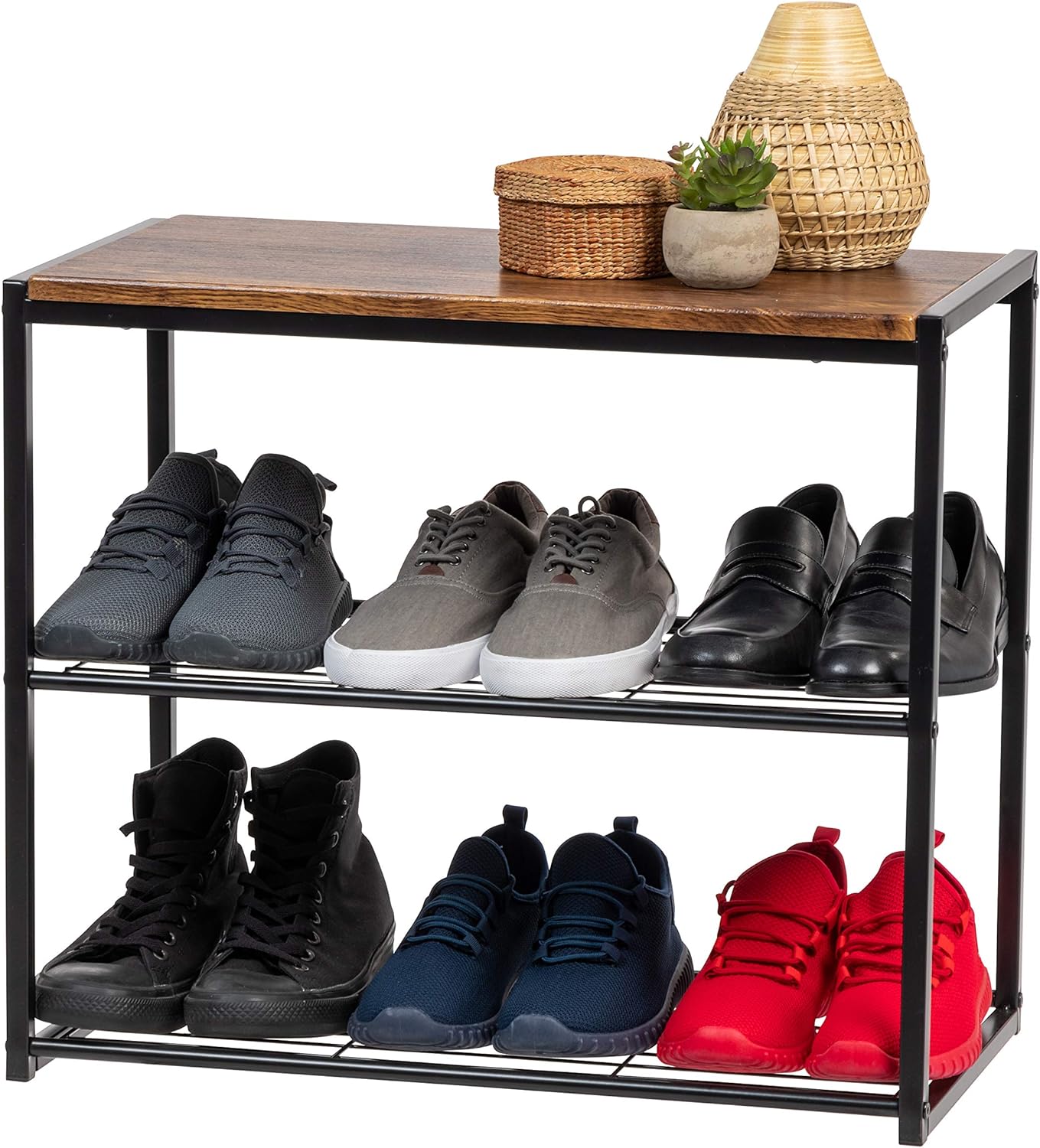 IRIS USA 3-Tier Shoe Bench for Entryway, 6 Pairs Extendable Shoe Organizer for Closet, Stackable Shoe Storage Organizer, Wood and Metal Shoe Rack Bench