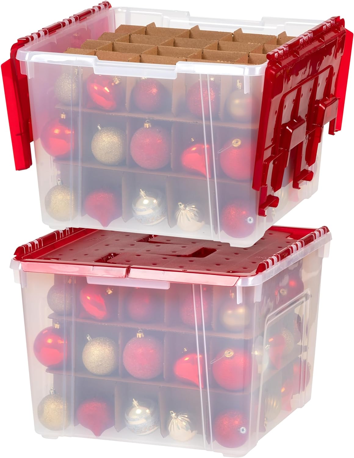 IRIS USA Ornament Storage Box with Attached Lid, Stores 75 Ornaments per Bin, 2-Pack, Stackable Durable Christmas Storage Organization Container Bin for Holiday Decorations and Accessories, Clear/Red