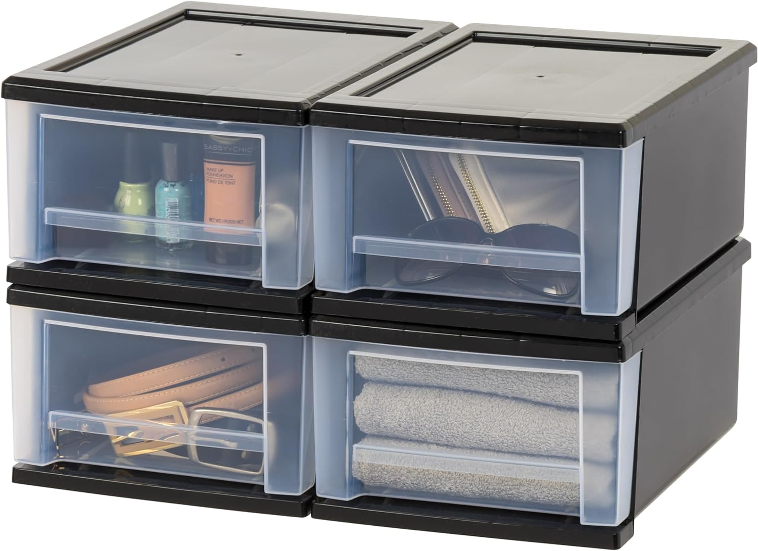 IRIS USA 7 Qt. Plastic Stackable Storage Drawers, Small, 4 Pack, Multi-Purpose Bins for Bedroom, Bathroom, Closet, Craft Room, Garage, Kids Room, Office, Pantry, Under Sink, Black