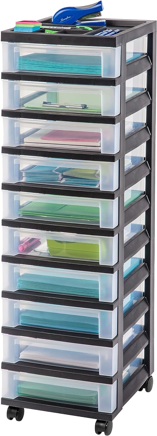 IRIS USA 10 Drawer Rolling Storage Cart with Drawers with Organizer Top, Black