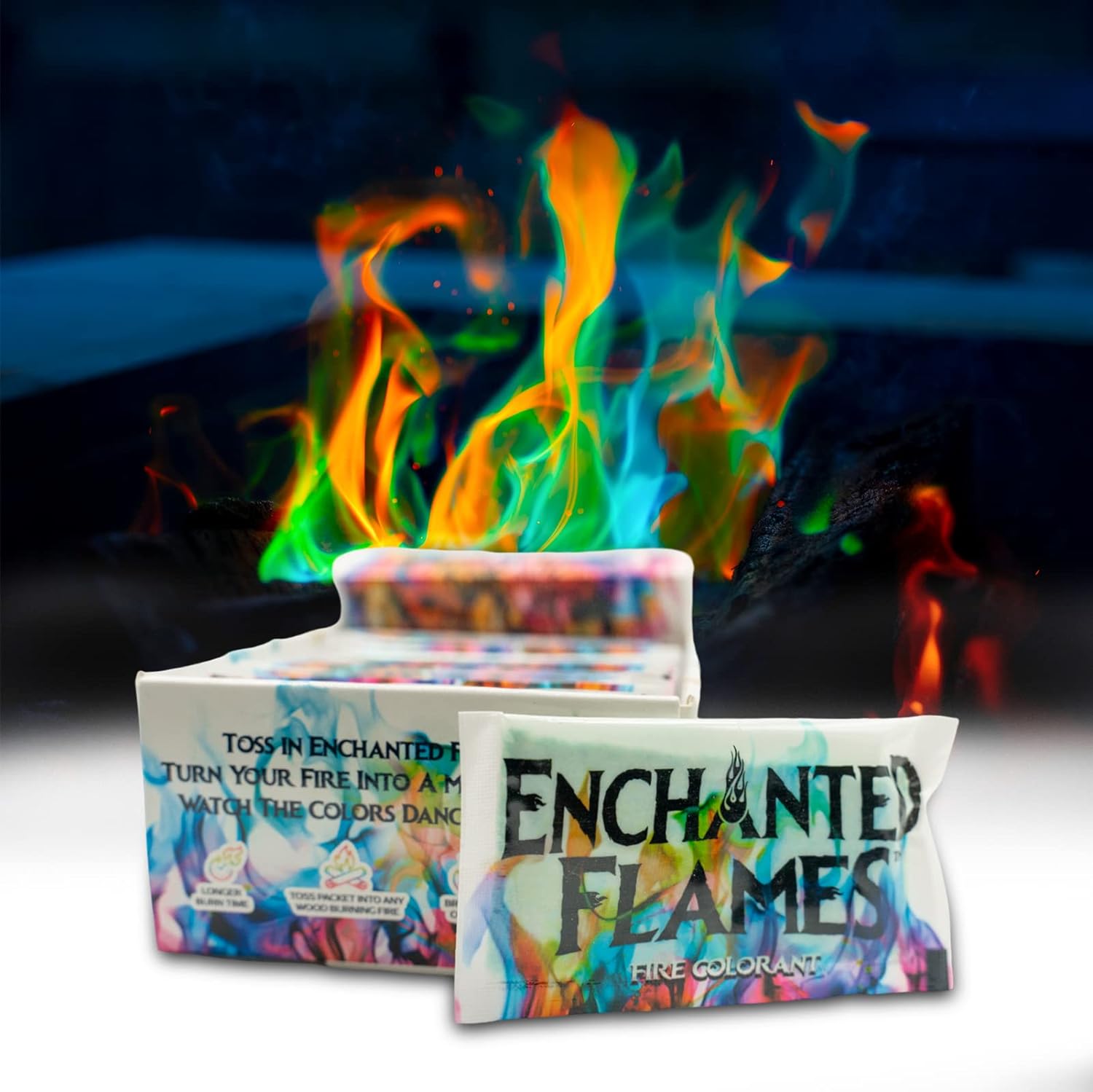 Enchanted Flames Pack of 25 Fire Changing Color Packets for Campfires, Fire Pits, and Outdoor Wood Fireplaces, Longer Lasting Burn Time, Safe and Non-Toxic