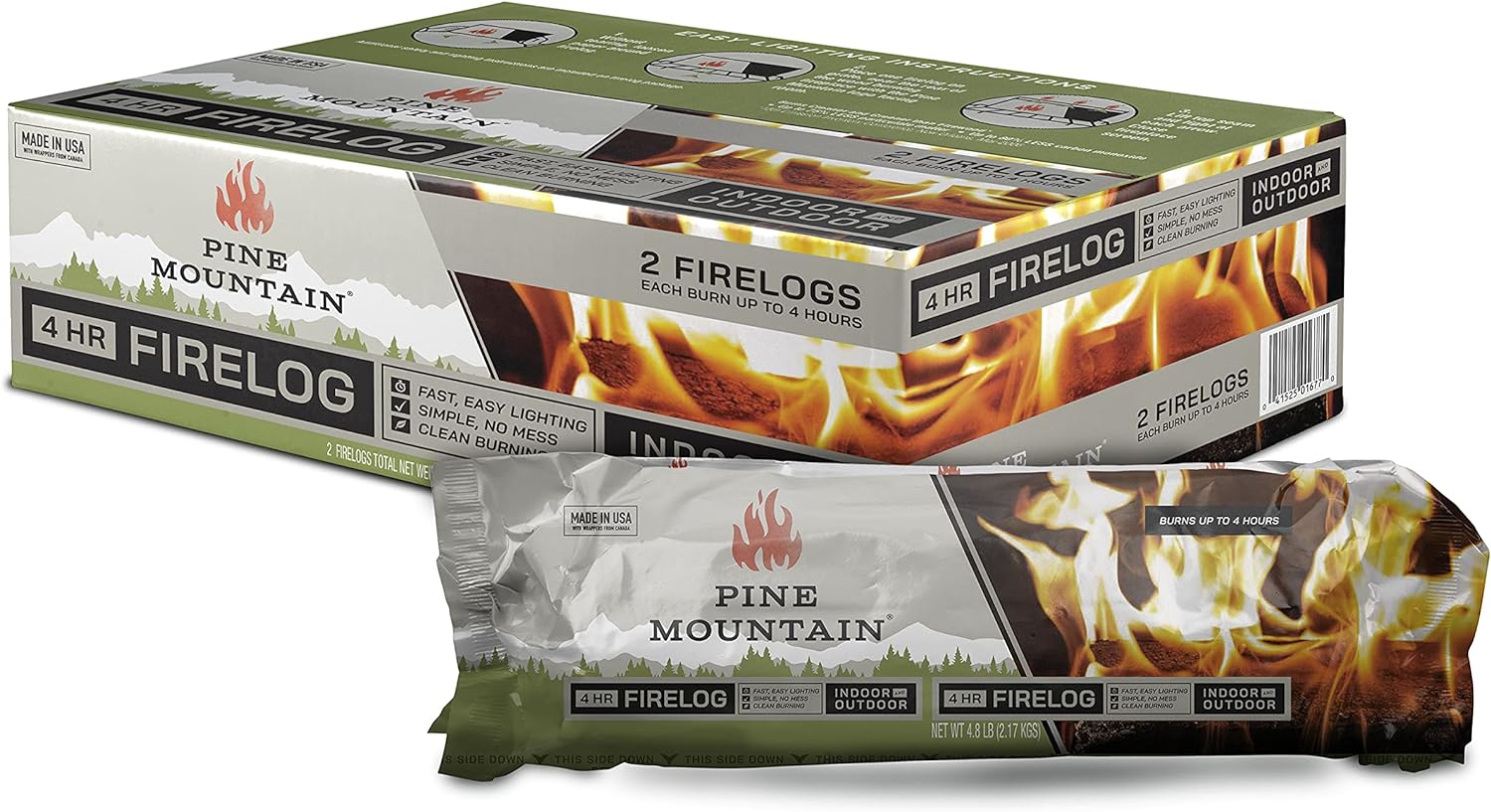 Pine Mountain Traditional 4-Hour Firelogs, Easy Starter Logs, Long Burning Firelog for Fireplace, Campfire, Fire Pit, Indoor & Outdoor Use, 2 Pack