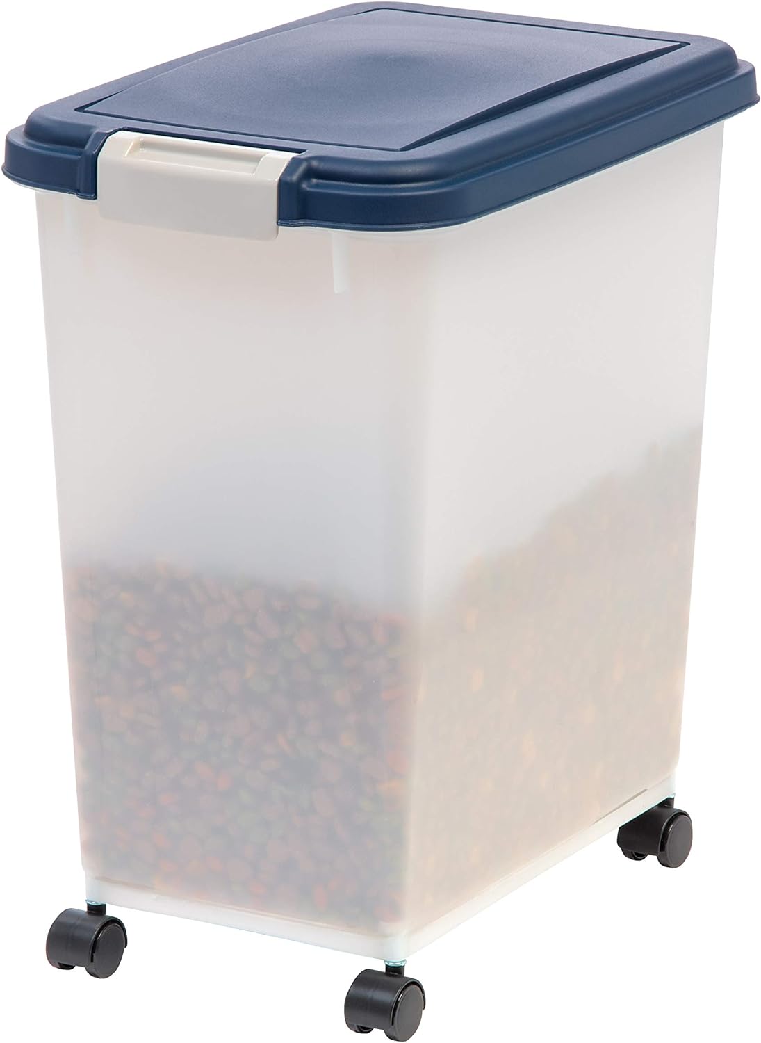 IRIS USA 25 Lbs / 33 Qt WeatherPro Airtight Pet Food Storage Container with Attachable Casters, For Dog Cat Bird and Other Pet Food Storage Bin, Keep Pests Out, Easy Mobility, BPA Free, Navy/Pearl