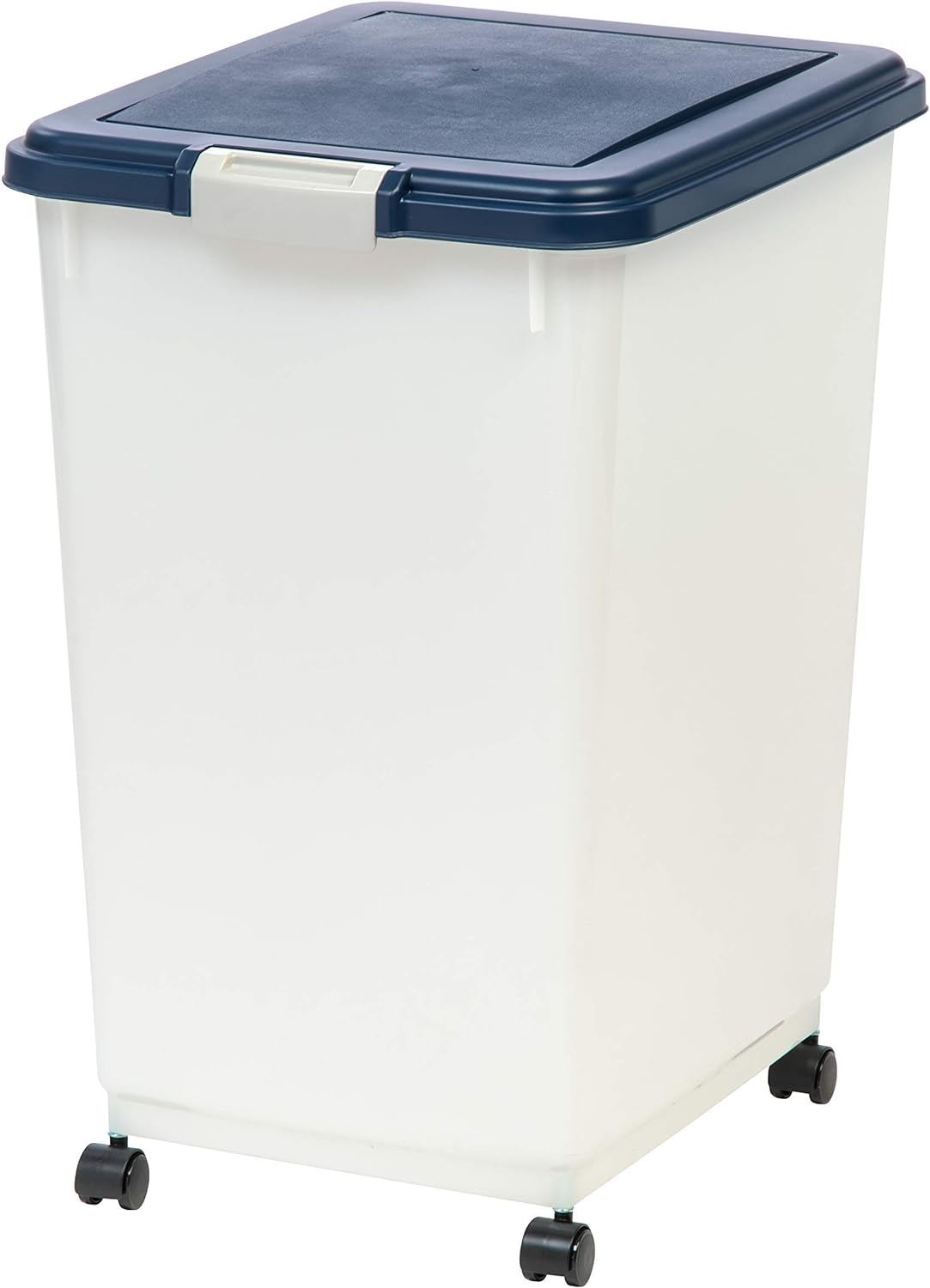 IRIS USA 50 Lbs / 69 Qt WeatherPro Airtight Pet Food Storage Container with Attachable Casters, For Dog Cat Bird and Other Pet Food Storage Bin, Keep Pests Out, Easy Mobility, BPA Free, Navy/Pearl