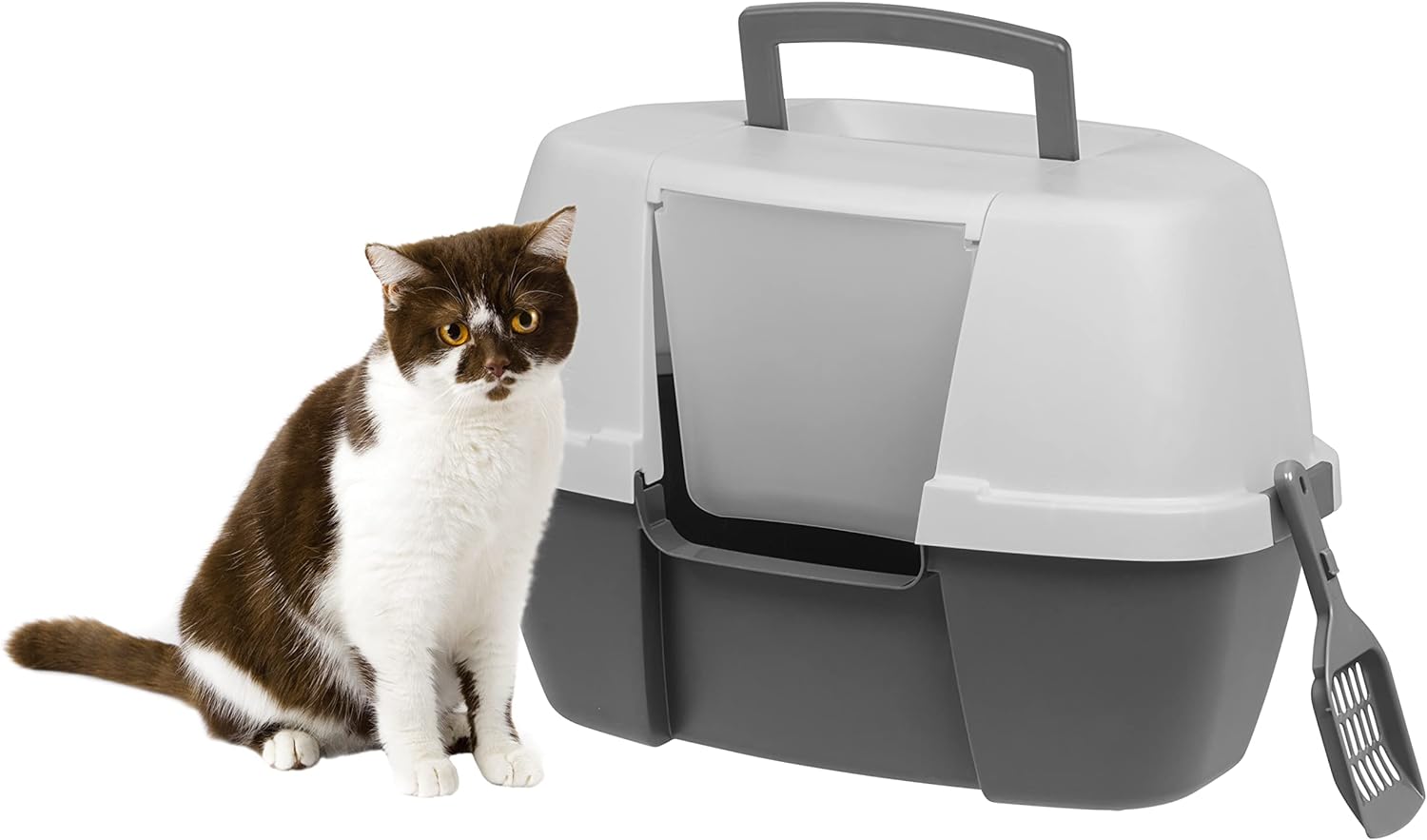 IRIS USA Large Enclosed Corner Cat Litter Box with Front Door Flap and Scoop, Hooded Kitty Litter Tray with Handle and Buckles for Portability and Privacy, Gray