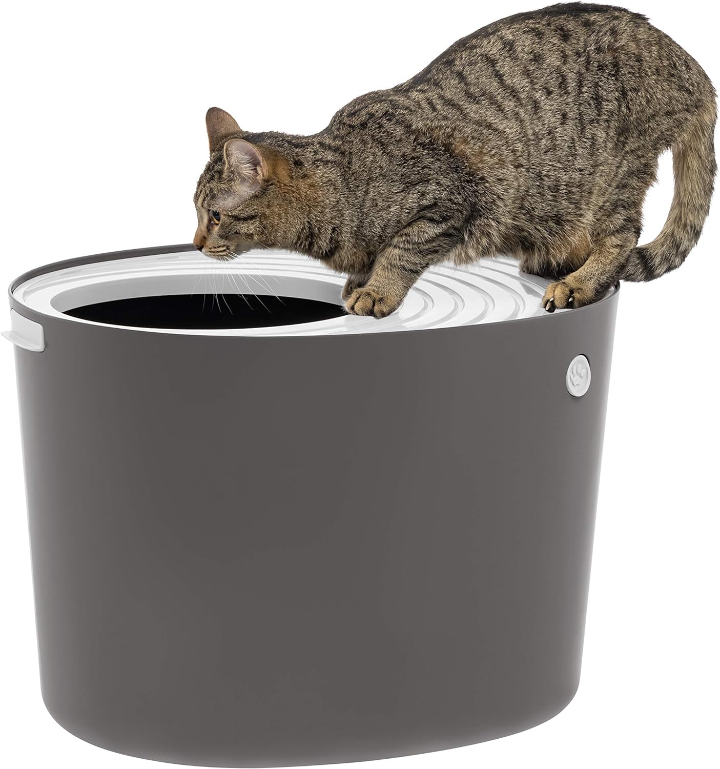 IRIS USA Large Stylish Round Top Entry Cat Litter Box with Scoop, Curved Kitty Litter Pan with Litter Particle Catching Grooved Cover and Privacy Walls, Dark Gray/White