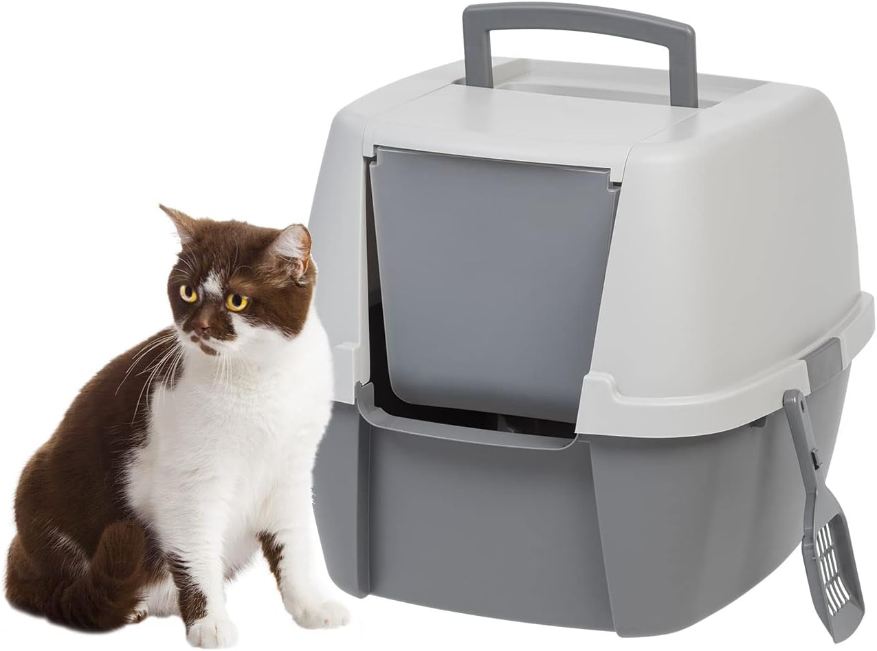 IRIS USA Jumbo Enclosed Cat Litter Box with Front Door Flap and Scoop, Hooded Kitty Litter Tray with Handle and Buckles for Portability and Privacy, Gray