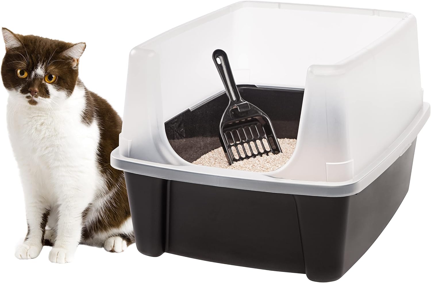 IRIS USA Open Top Cat Litter Tray with Scoop and Scatter Shield, Sturdy Easy to Clean Open Air Kitty Litter Pan with Tall Spray and Scatter Shield, Black/Clear