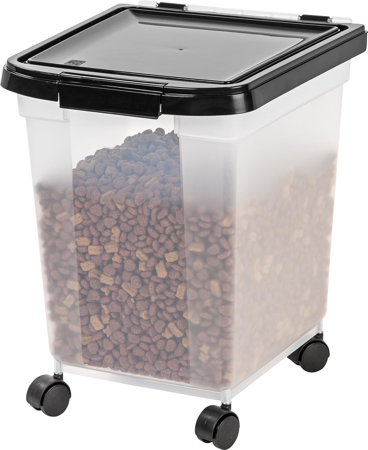 IRIS USA 25 Lbs / 32.5 Qt WeatherPro Airtight Pet Food Storage Container with Removable Casters, for Dog Cat Bird and Other Pet Food Storage Bin, Keep Fresh, Translucent Body, Clear/Black