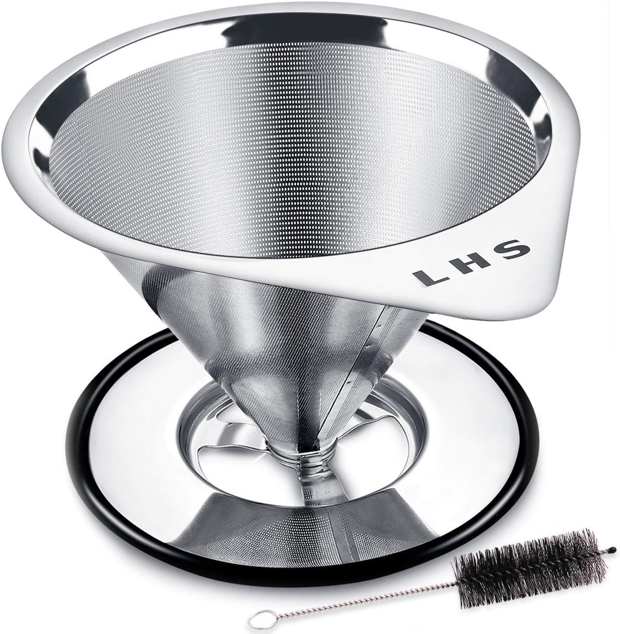 LHS Pour Over Coffee Dripper Stainless Steel Coffee Filter Metal Cone Filter Paperless Reusable Coffee Filter Single Cup Coffee Maker 1-2 Cup With Non-slip Cup Stand and Cleaning Brush