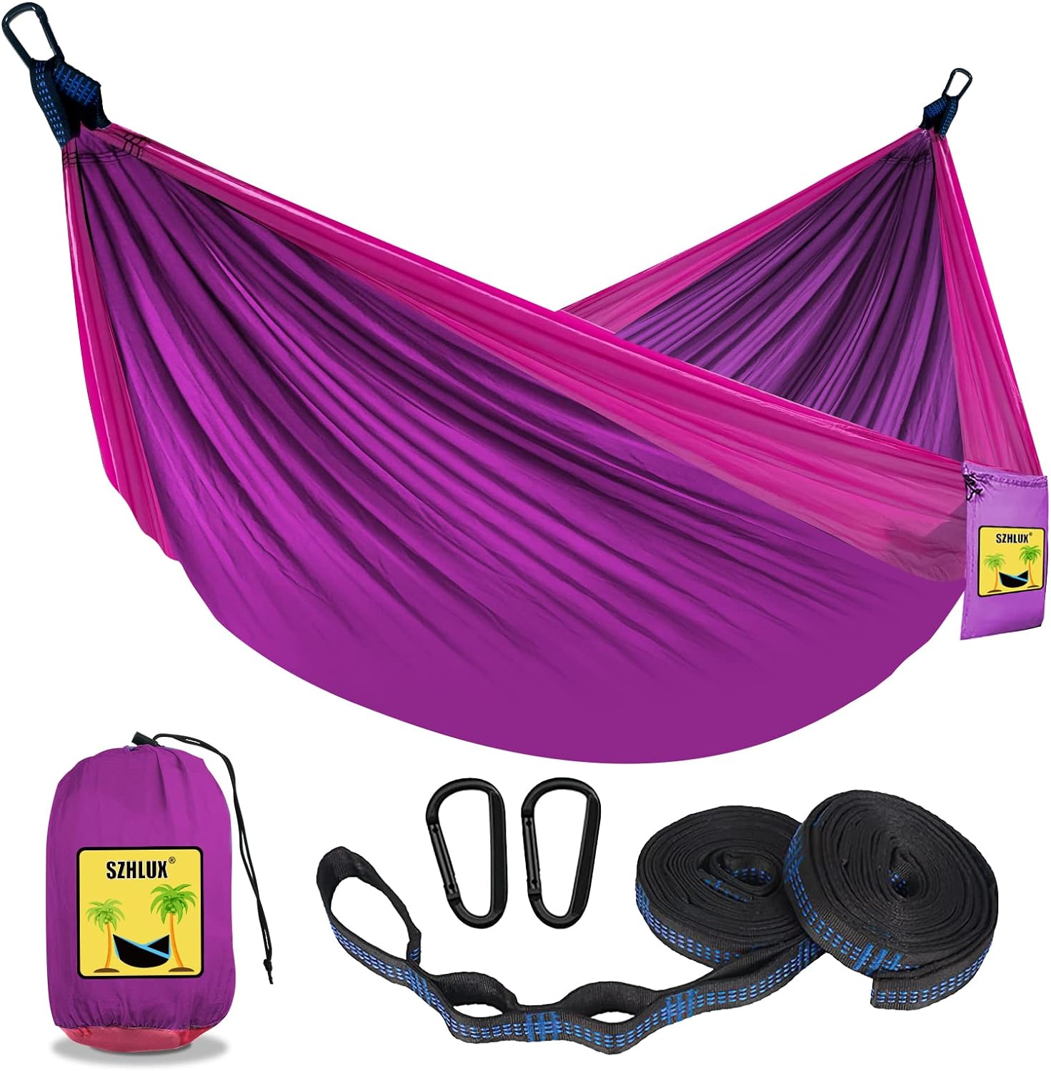 SZHLUX Camping Hammock Double & Single Portable Hammocks with 2 Tree Straps and Attached Carry Bag,Great for Outdoor,Indoor,Beach,Camping,Purple & Pink, Medium