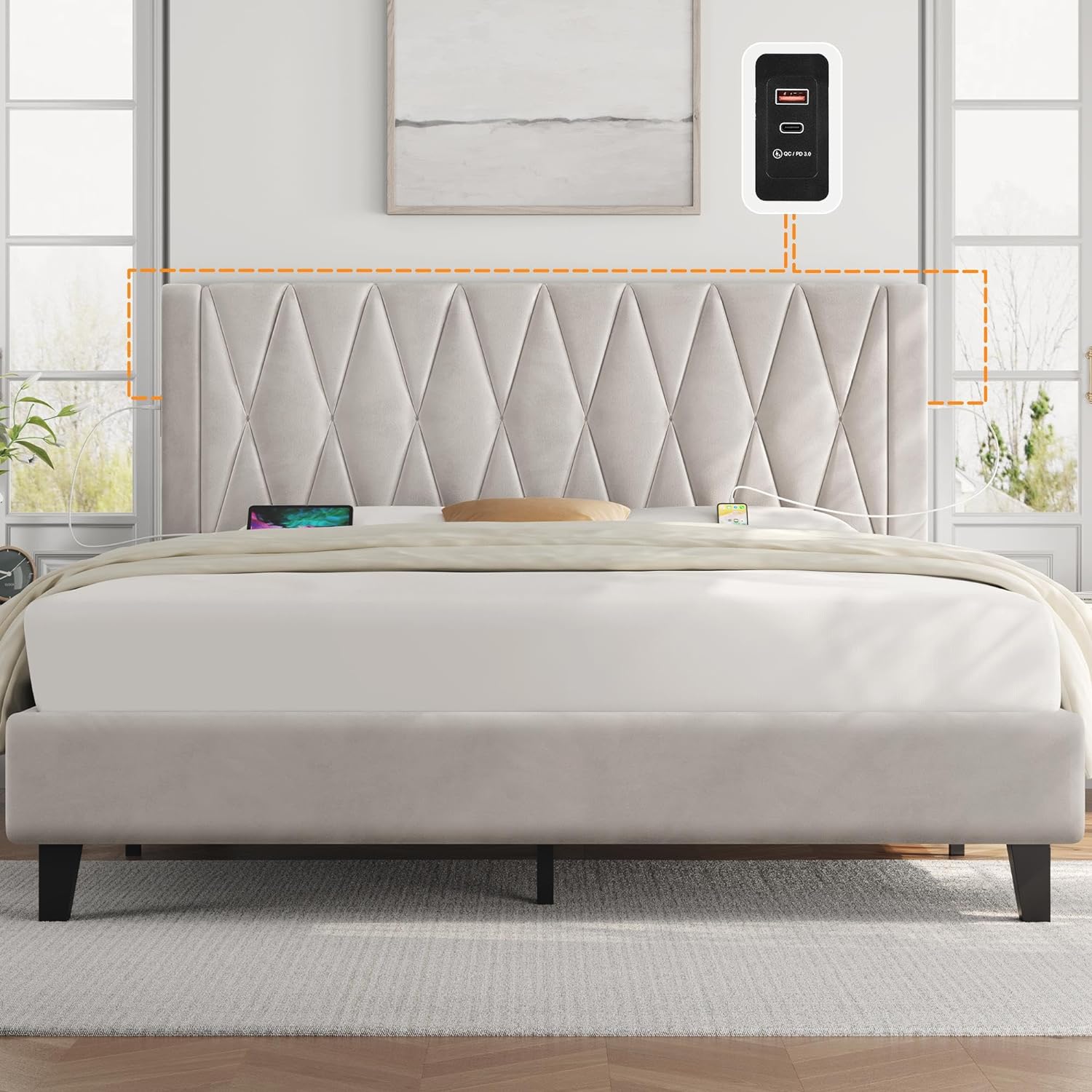 Yaheetech Queen Bed Frame Upholstered Bed with Built-in USB Outlet, Diamond Tufted Headboard/Mattress Foundation/Non-Slip & Noise-Free/No Box Spring Needed/Strong Wooden Slat Support, Beige Queen Bed