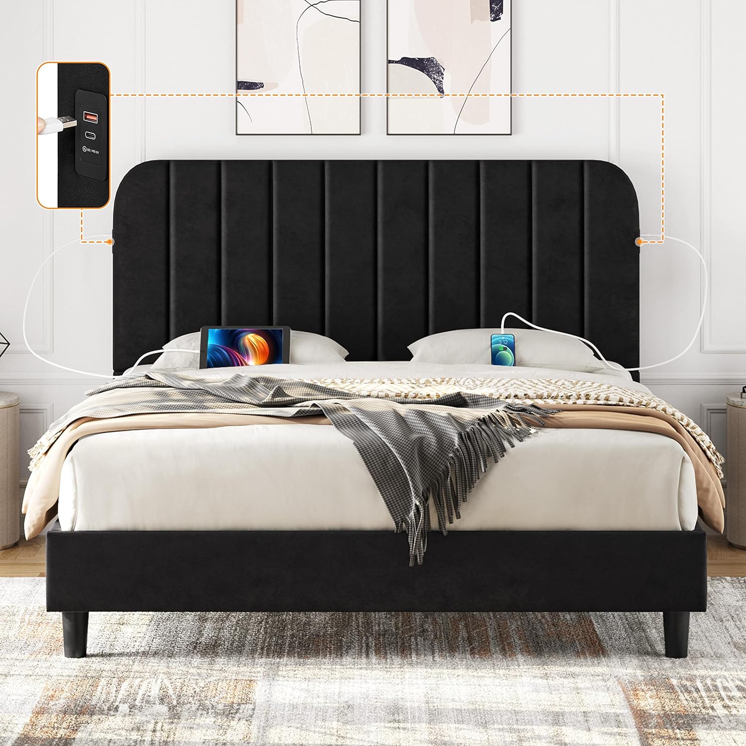 Yaheetech Queen Bed Frame Velvet Upholstered Platform Bed with 2 USB Charging Stations/Ports for Type A&Type C, Seamlessly Connected Headboard/Noise-Free/Wood Slats Support, Black Queen Bed