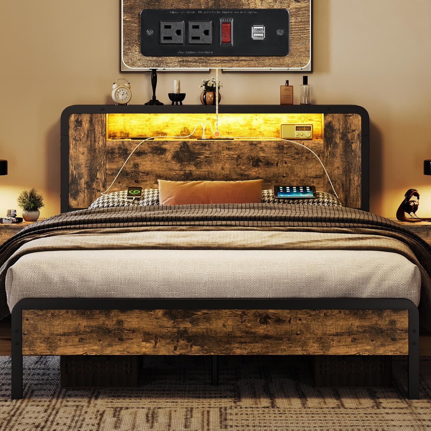 Yaheetech Queen Bed Frame Metal Bed with Wooden Headboard/Footboard, Storage Space and Adjustable LED Light, Mattress Foundation, Charging Station/Port, No Box Spring Needed, Rustic Brown Queen Bed