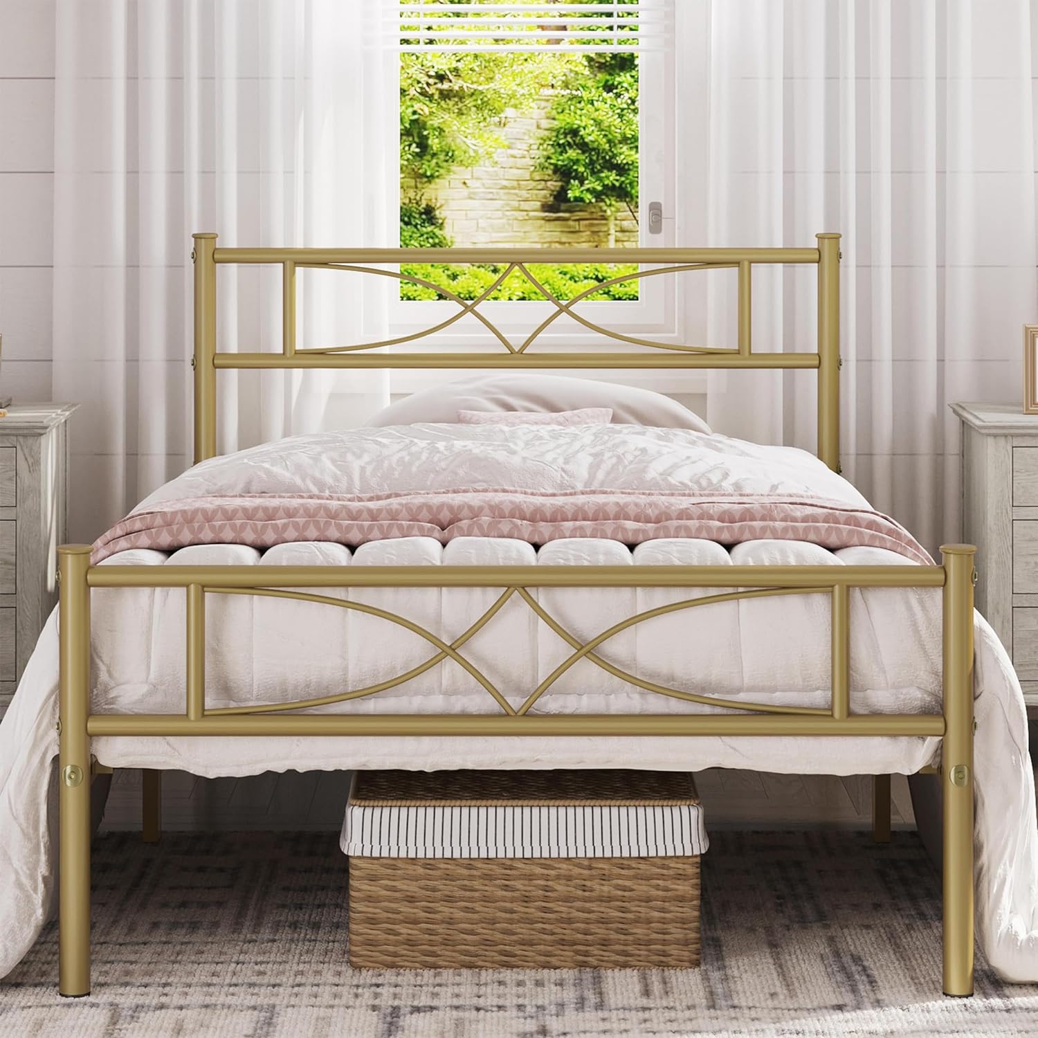 Yaheetech Metal Twin XL Size Bed Frame, Platform Bed Frame, Mattress Foundation with Curved Design Headboard & Footboard, NO Box Spring Needed, Heavy-Duty Support, Easy Assembly, Antique Gold