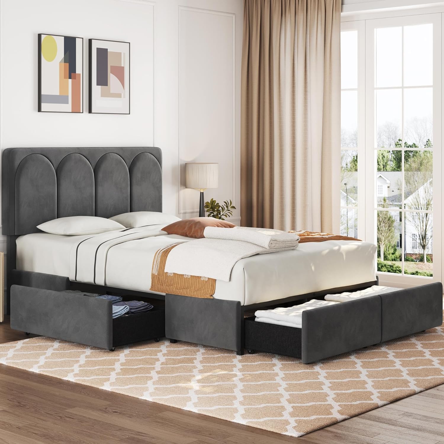 Yaheetech Queen Bed Frame Upholstered Platform Bed with 4 Drawers Storage and Adjustable Headboard,Arch Channel Tufted Headboard,Sturdy Wood Slat Support,No Box Spring Needed,Dark Gray Queen Bed