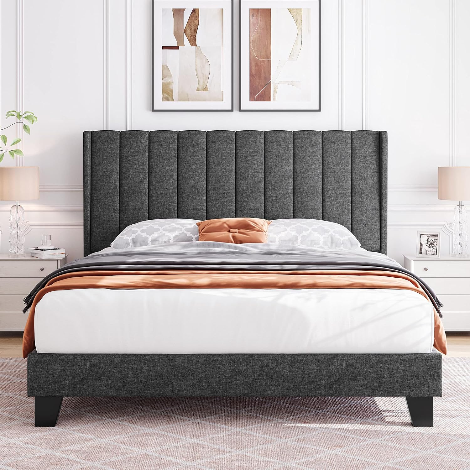 Yaheetech Full Bed Frame Upholstered Platform Bed with Fabric Headboard, Wing Edge Design/Non-Slip and Noise-Free/Wooden Slats Support/No Box Spring Needed/Easy Assembly, Dark Gray Full Bed