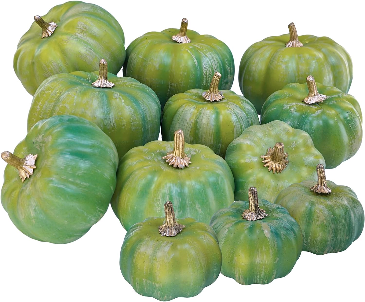 12 Pcs Assorted Small Artificial Green Pumpkins Rustic Harvest Decorative Pumpkins Foam Pumpkins for Fall Wedding Baby Shower Halloween Thanksgiving Table Centerpiece Mantel Farmhouse Dcor