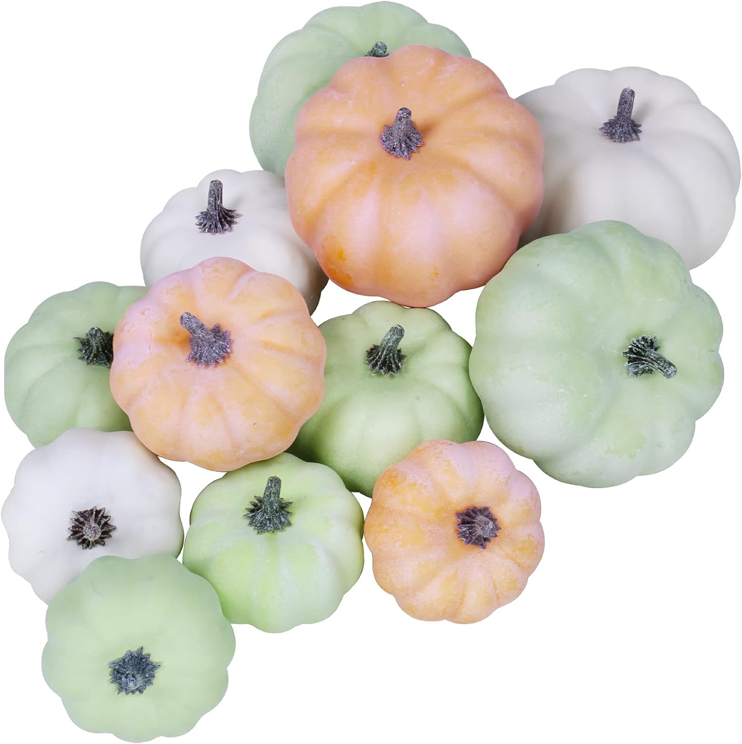 BESTTOYHOME 12 Pcs Assorted Small Frosted Artificial Pumpkins Foam Pumpkins Rustic Harvest Decorative Pumpkins in White Orange Green Fall Thanksgiving Halloween Decor