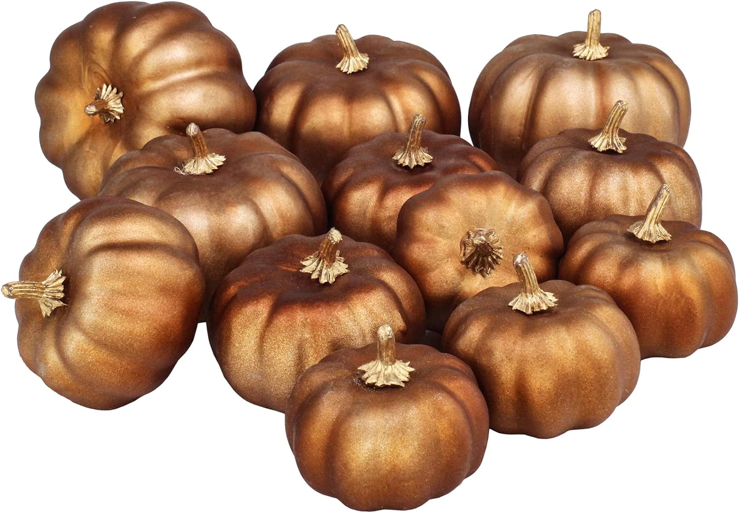 BESTTOYHOME 12 Pcs Assorted Faux Small Metallic Bronze Pumpkins Decorative Pumpkins Foam Pumpkins Fall Artificial Pumpkins for Fall Halloween Thanksgiving Harvest Gifts Table Centerpiece Mantel Decor