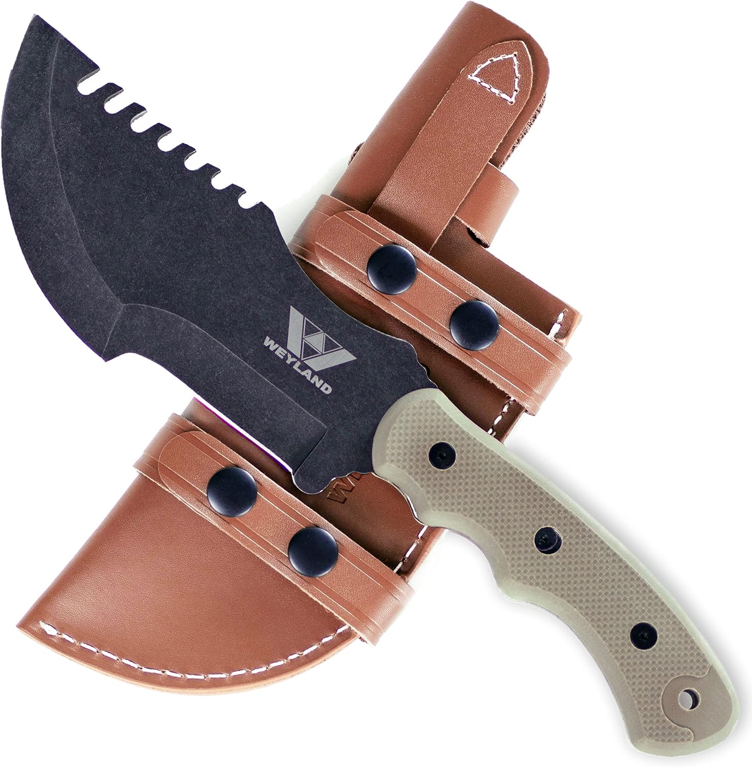 WEYLAND Tracker Knife - Full Size Bushcraft Outdoor Survival Knife Fixed Blade with Leather Horizontal Draw Belt Sheath - Full Tang Tom Brown Scout Carry Camping Knife that Tops All Bushcrafting